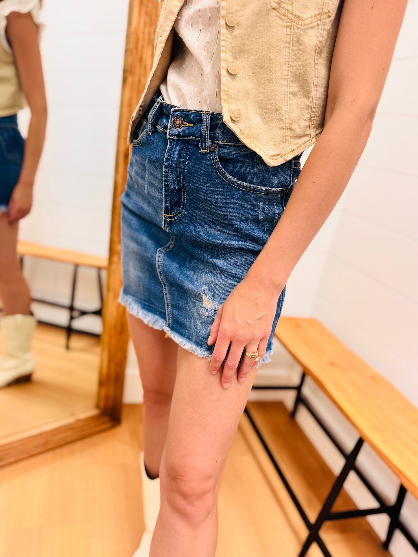 Mid Wash Mini Skirt with Undone Hem