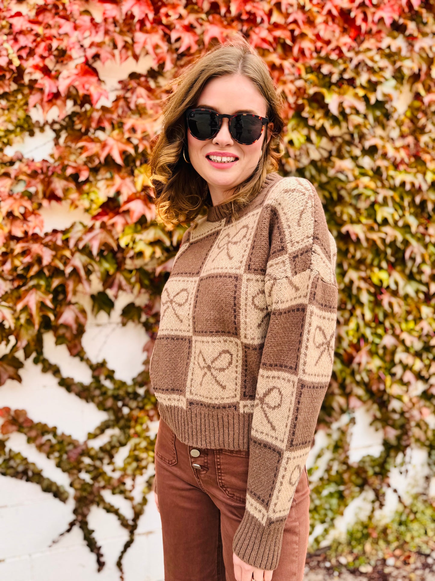 Checkered Bow Jacquard Crewneck Knit Sweater