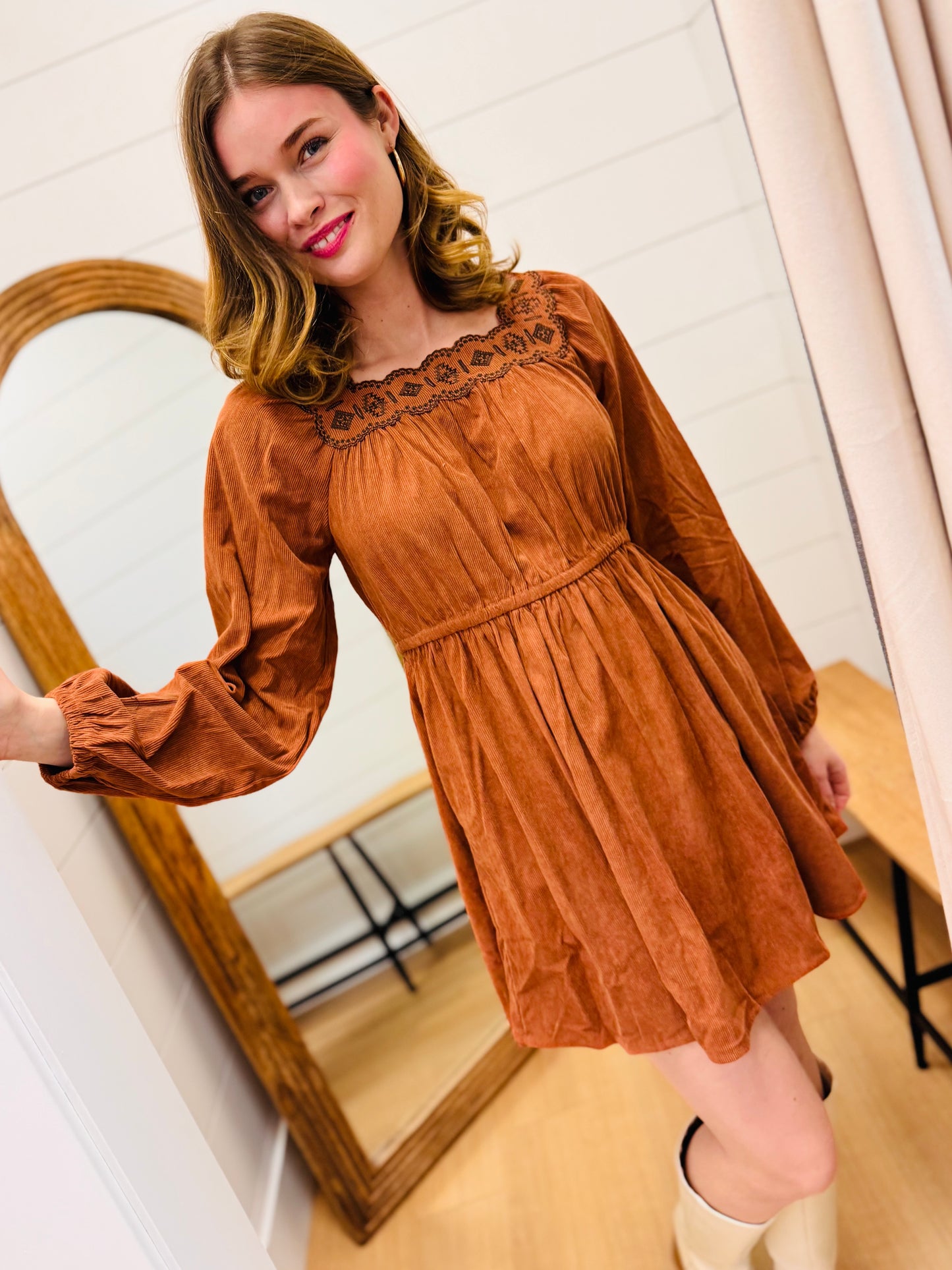 Embroidery Square Neck Corduroy Dress
