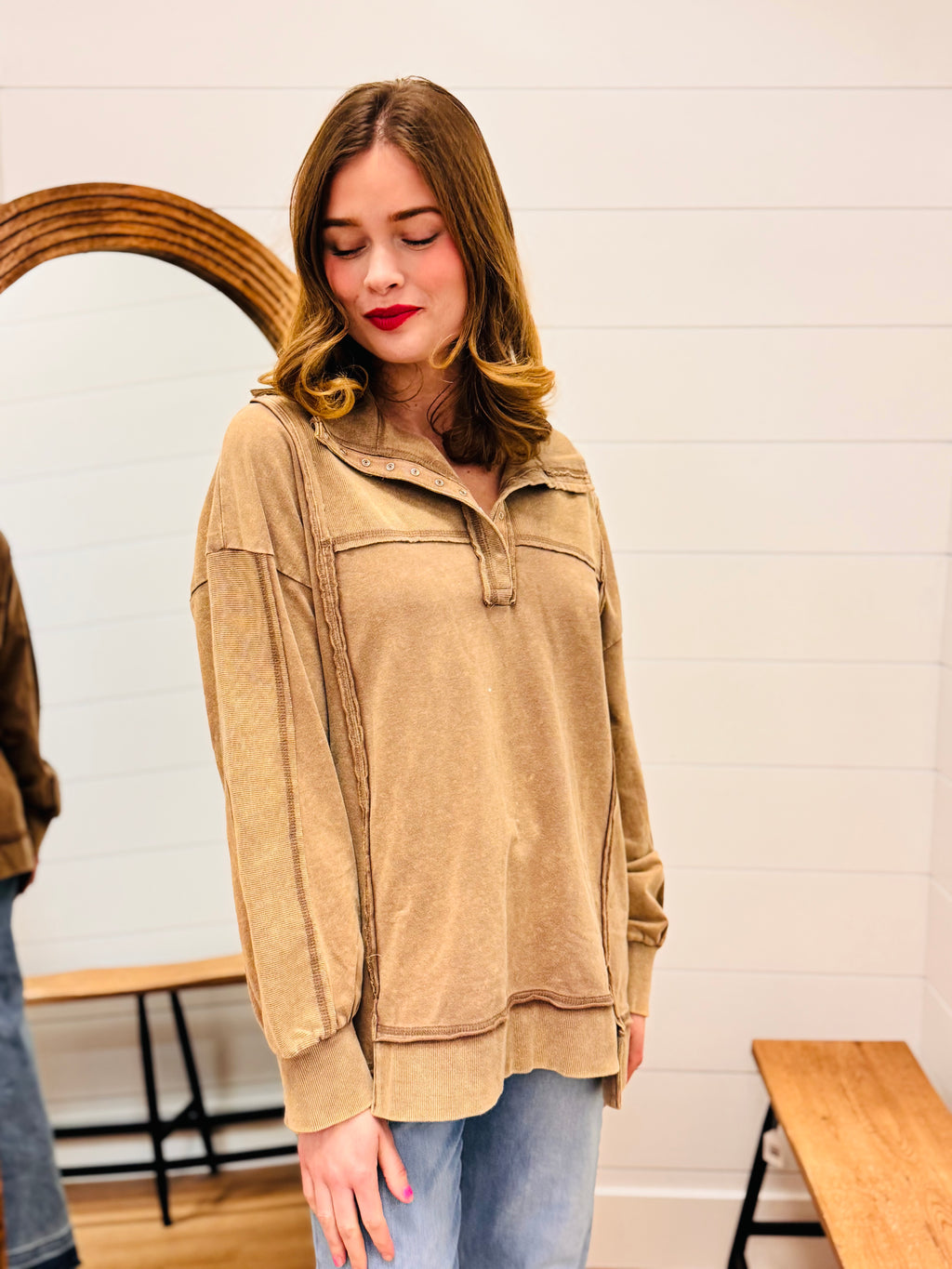 Half Button Down Pullover - Mocha