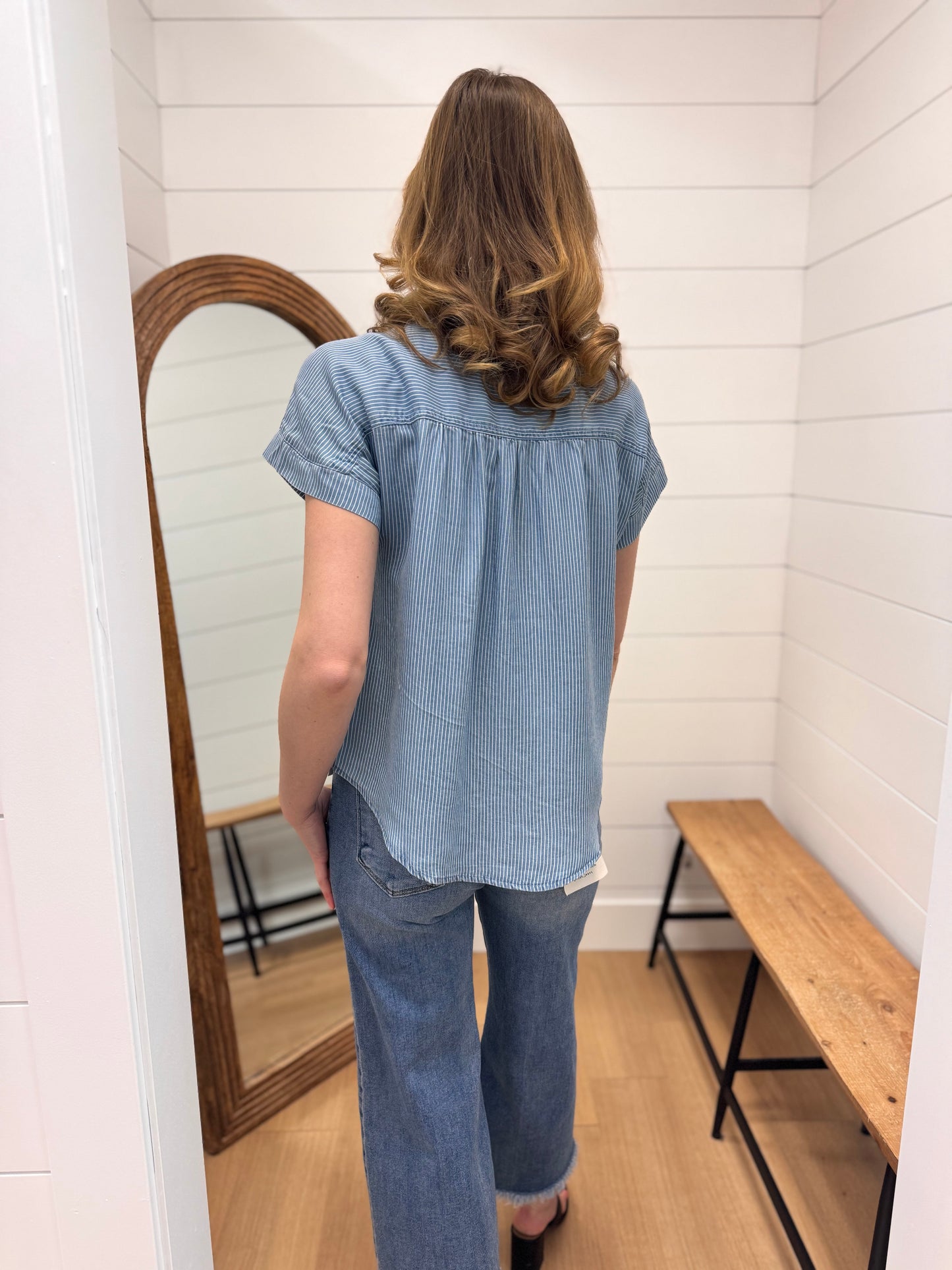 Stripe Chambray Henley Ruched Detail Top