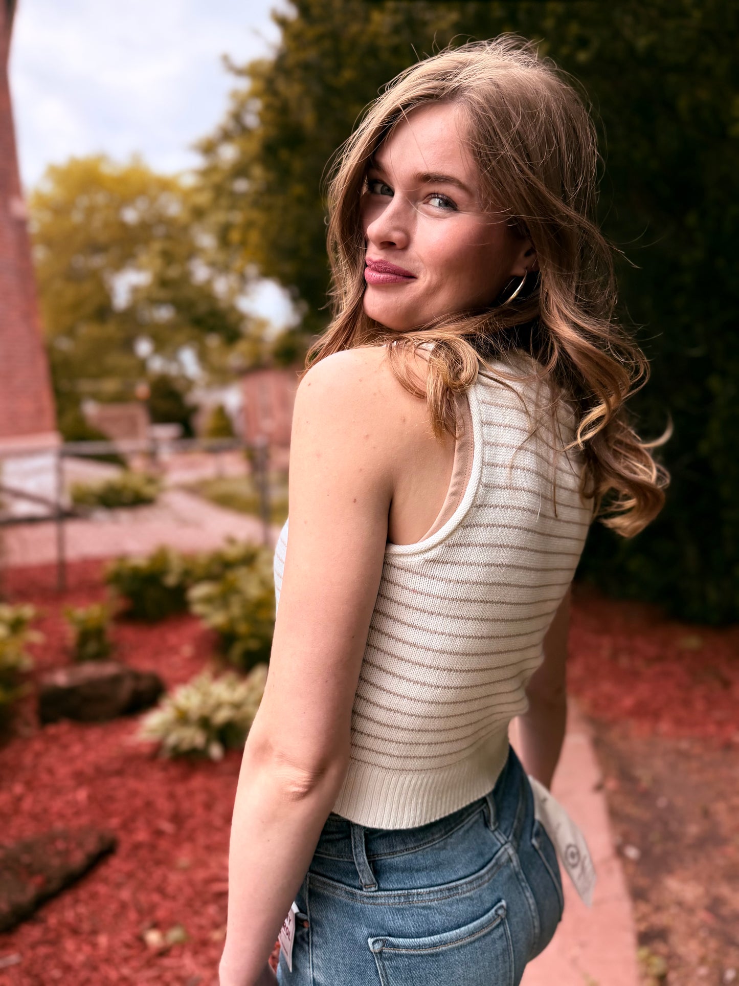Stripe Raw Edge Button Down Cardigan Vest