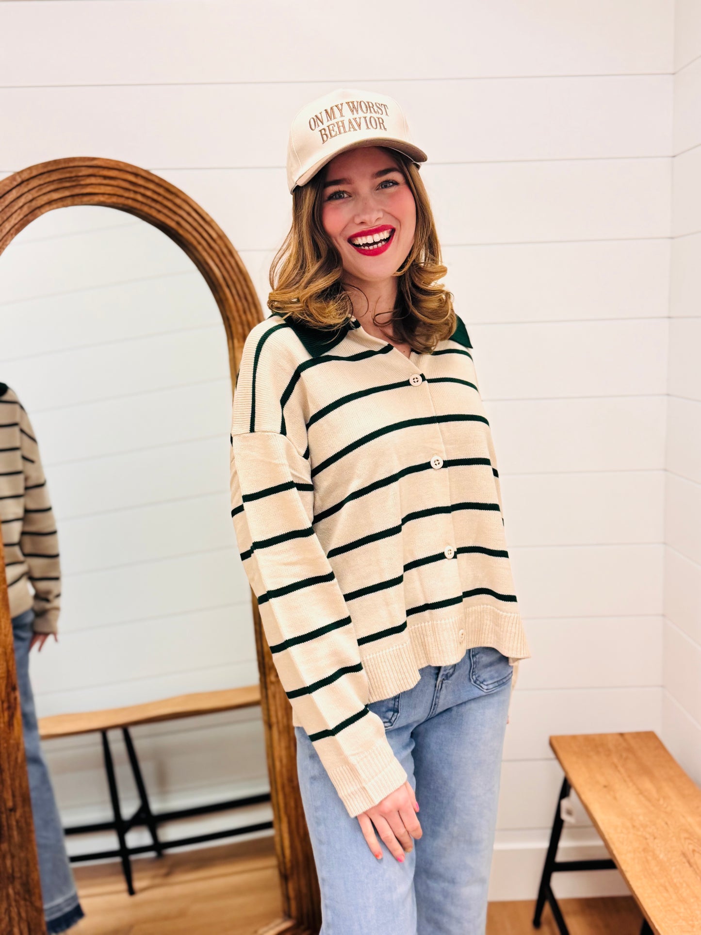 Button Down Sweater with Contrast Stripes and Collar