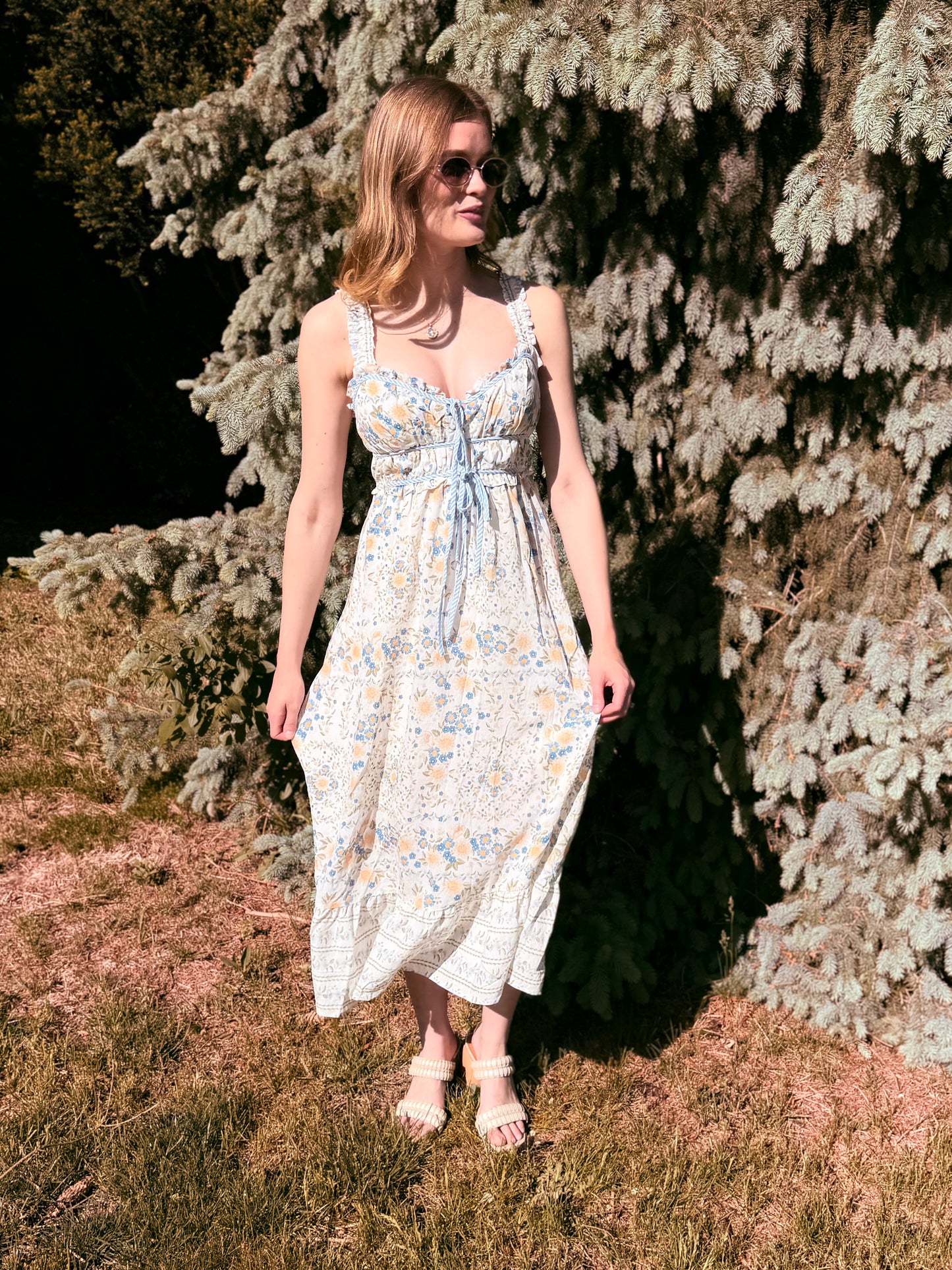 Border Floral Sleeveless Front Tie Midi Dress