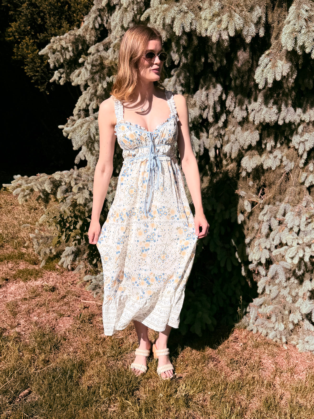 Border Floral Sleeveless Front Tie Midi Dress
