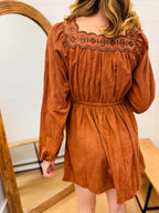 Embroidery Square Neck Corduroy Dress