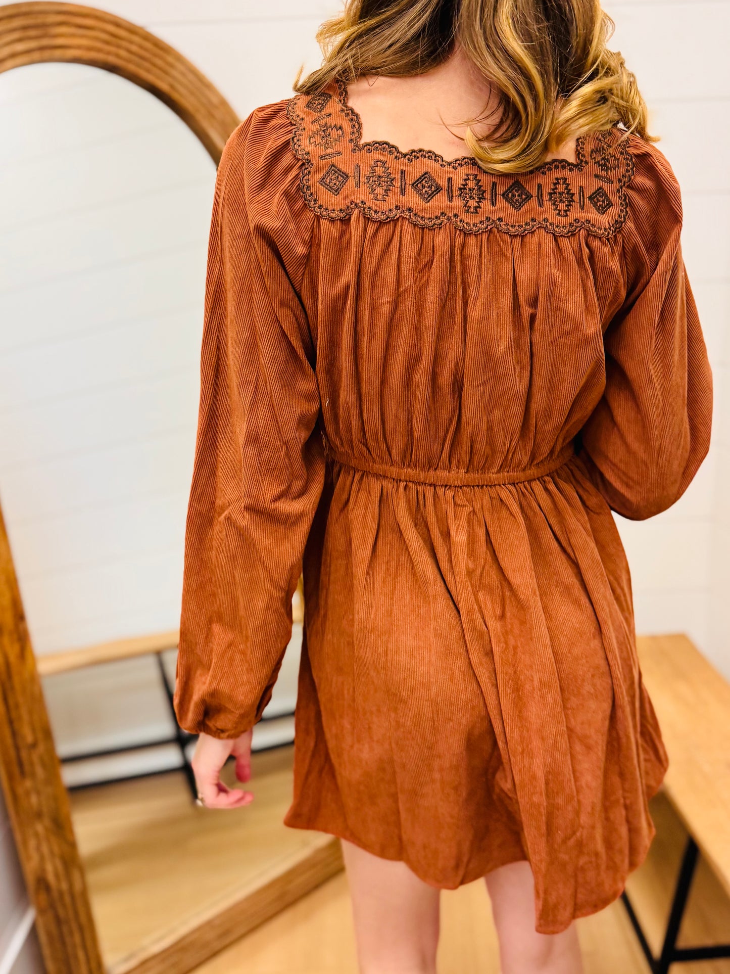 Embroidery Square Neck Corduroy Dress
