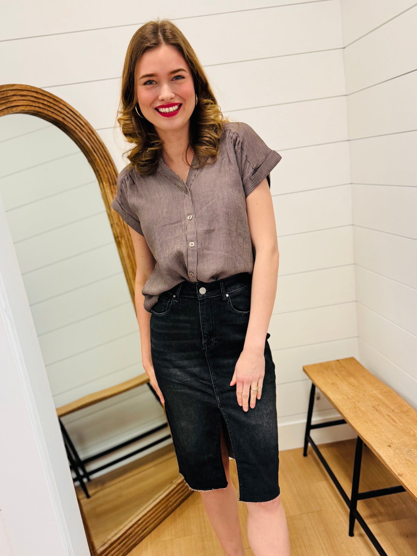 Pinstripe Short Cuff Sleeve Button Down Shirt