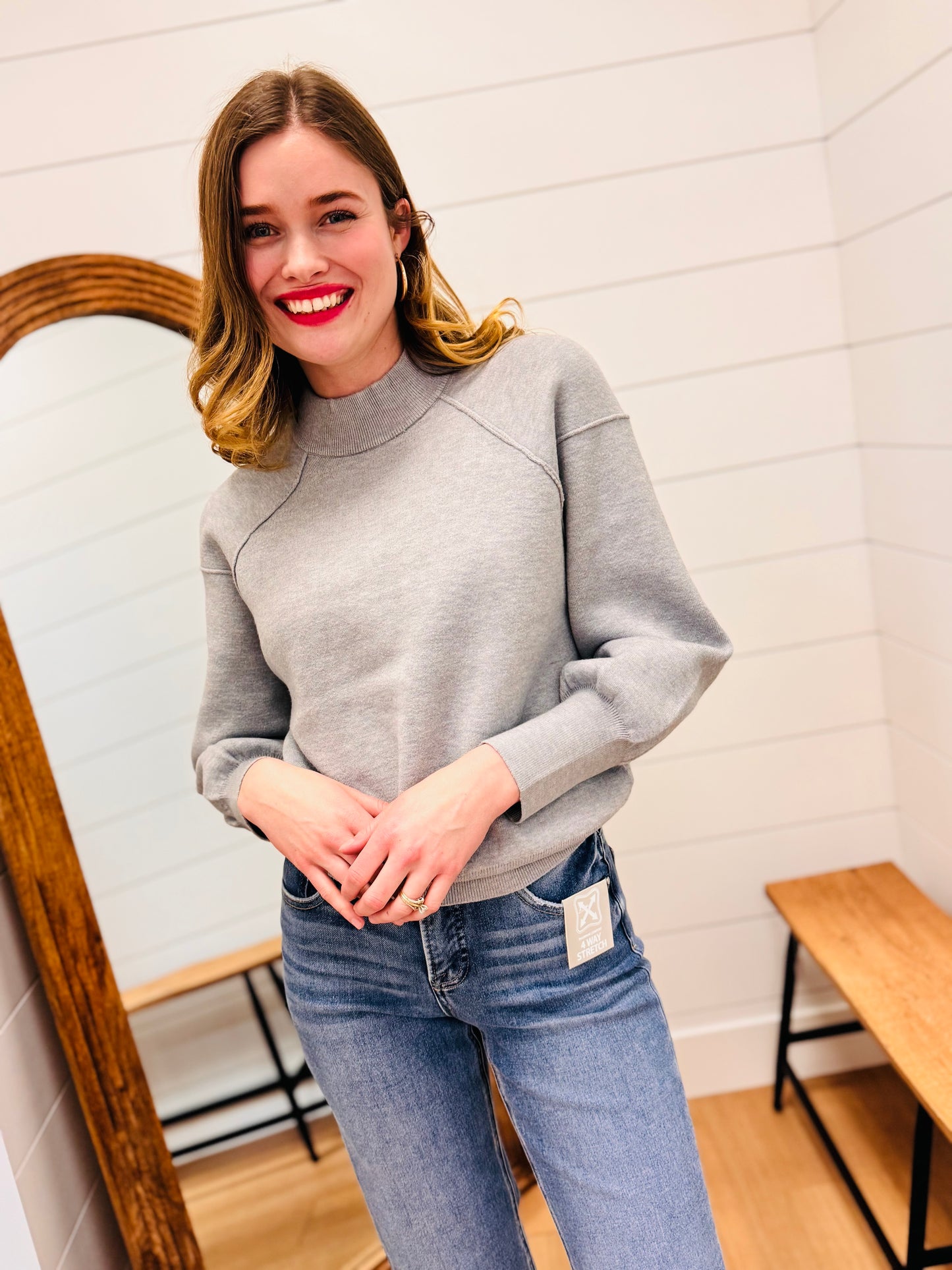 Viscose Mock Neck Exposed Seam Sweater