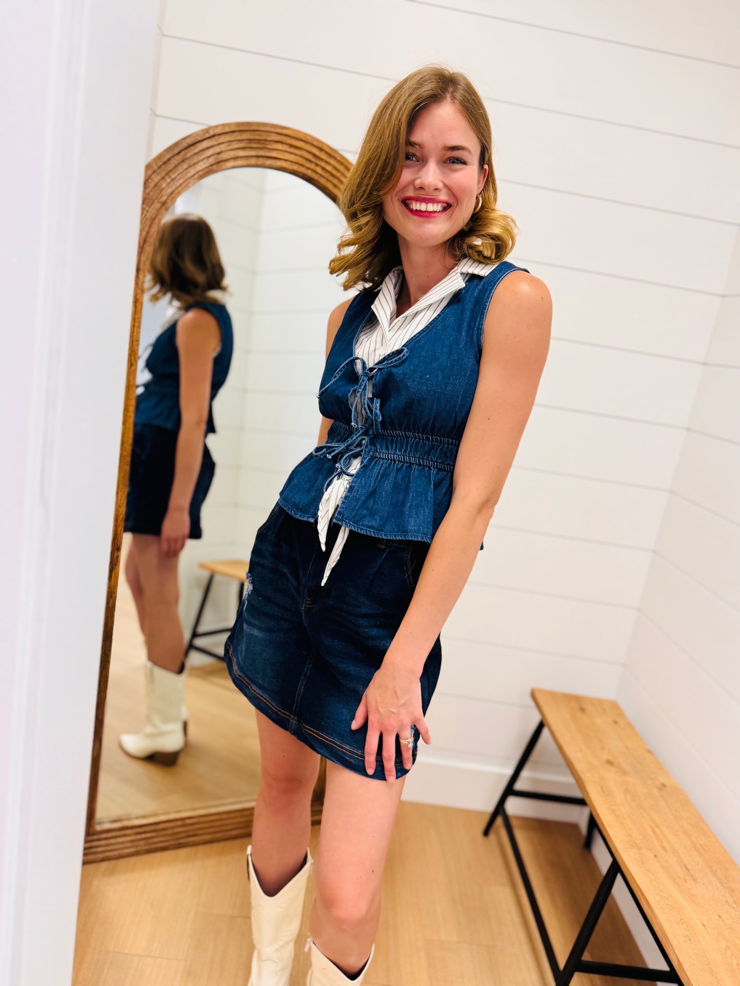 Scoop Neck Front Tie Denim Vest