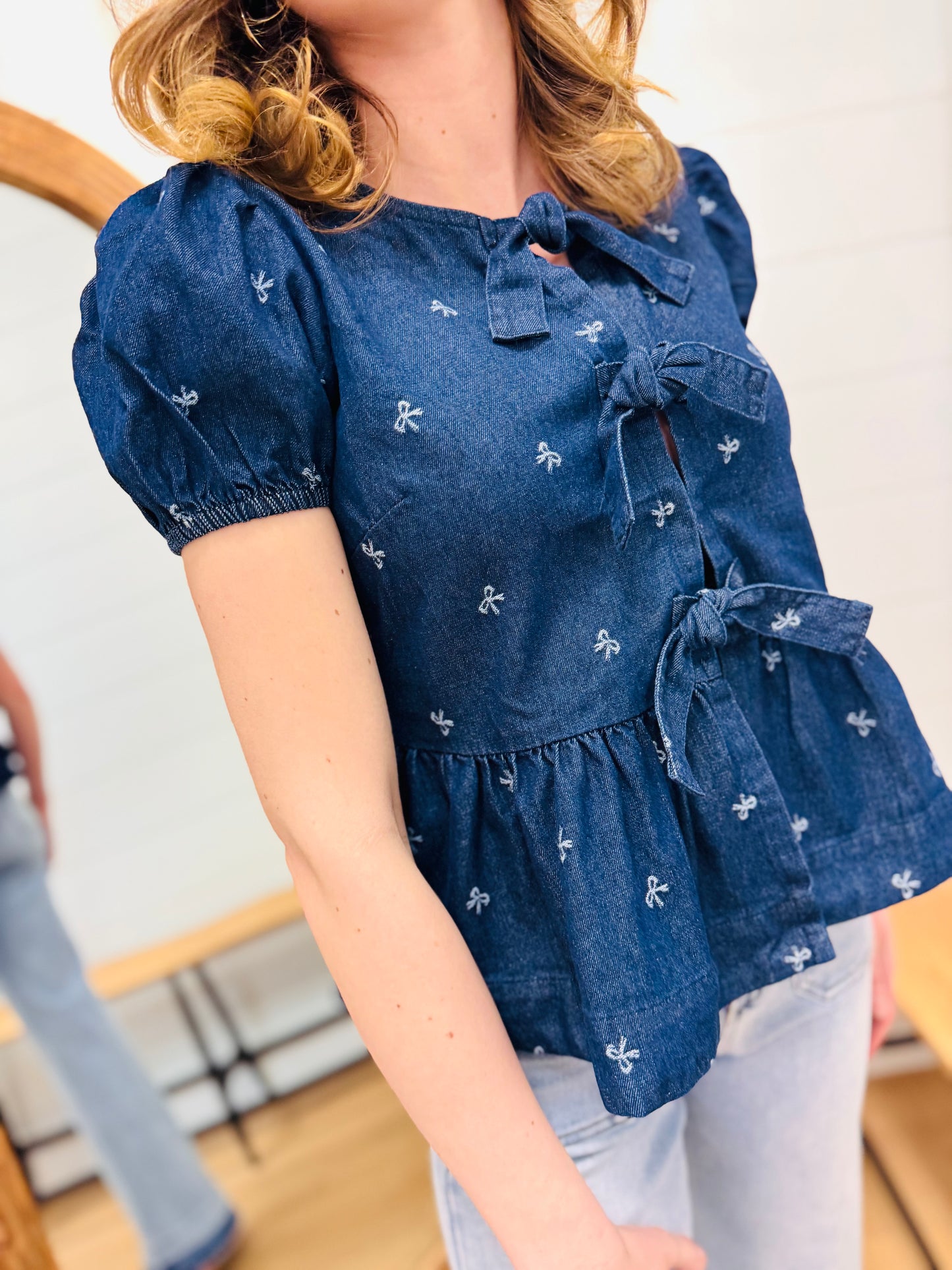Denim Bow Print Puff + Ties Ruffle Hem Top