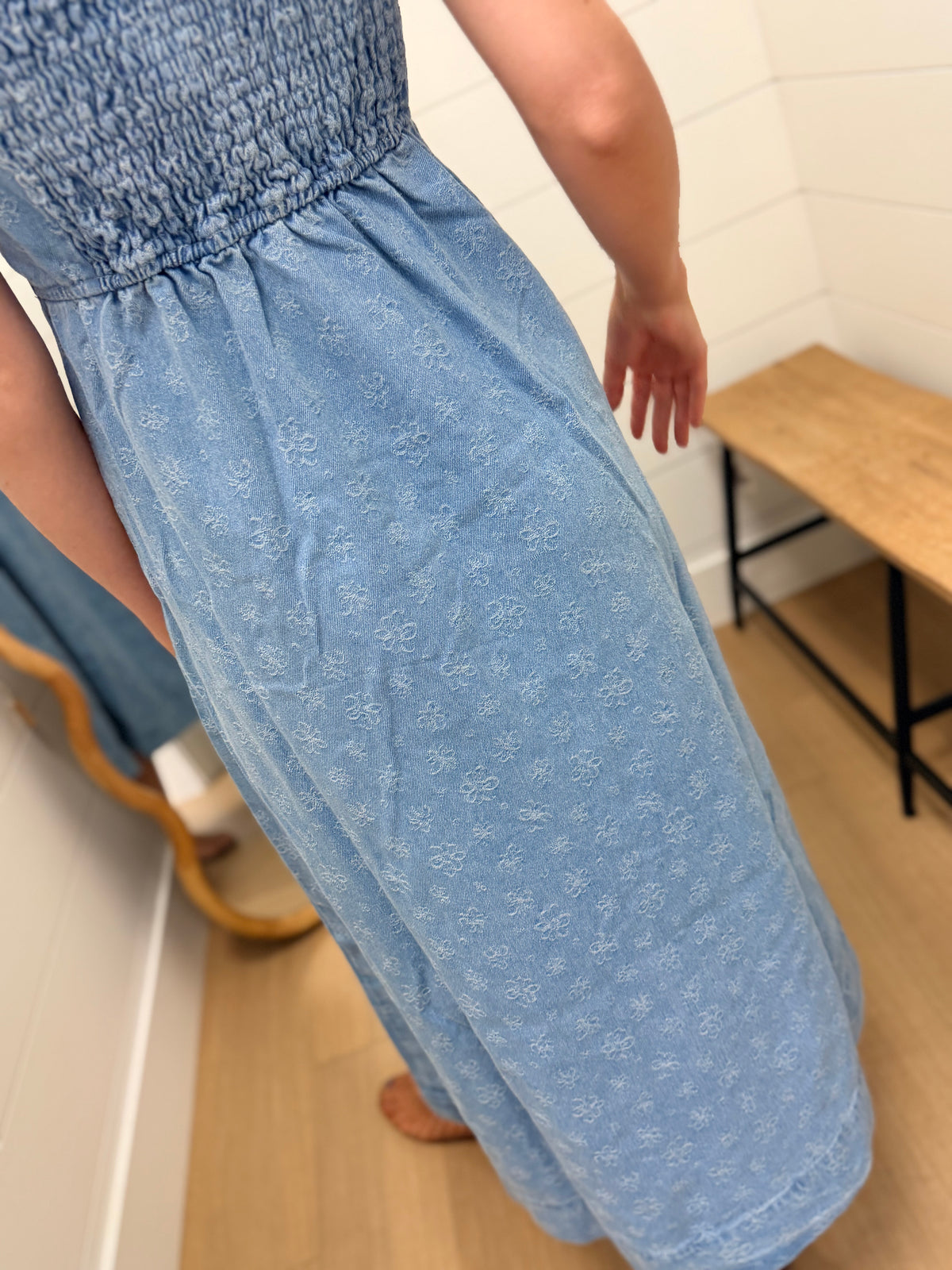 Floral Denim Jacquard Sweetheart Midi Dress