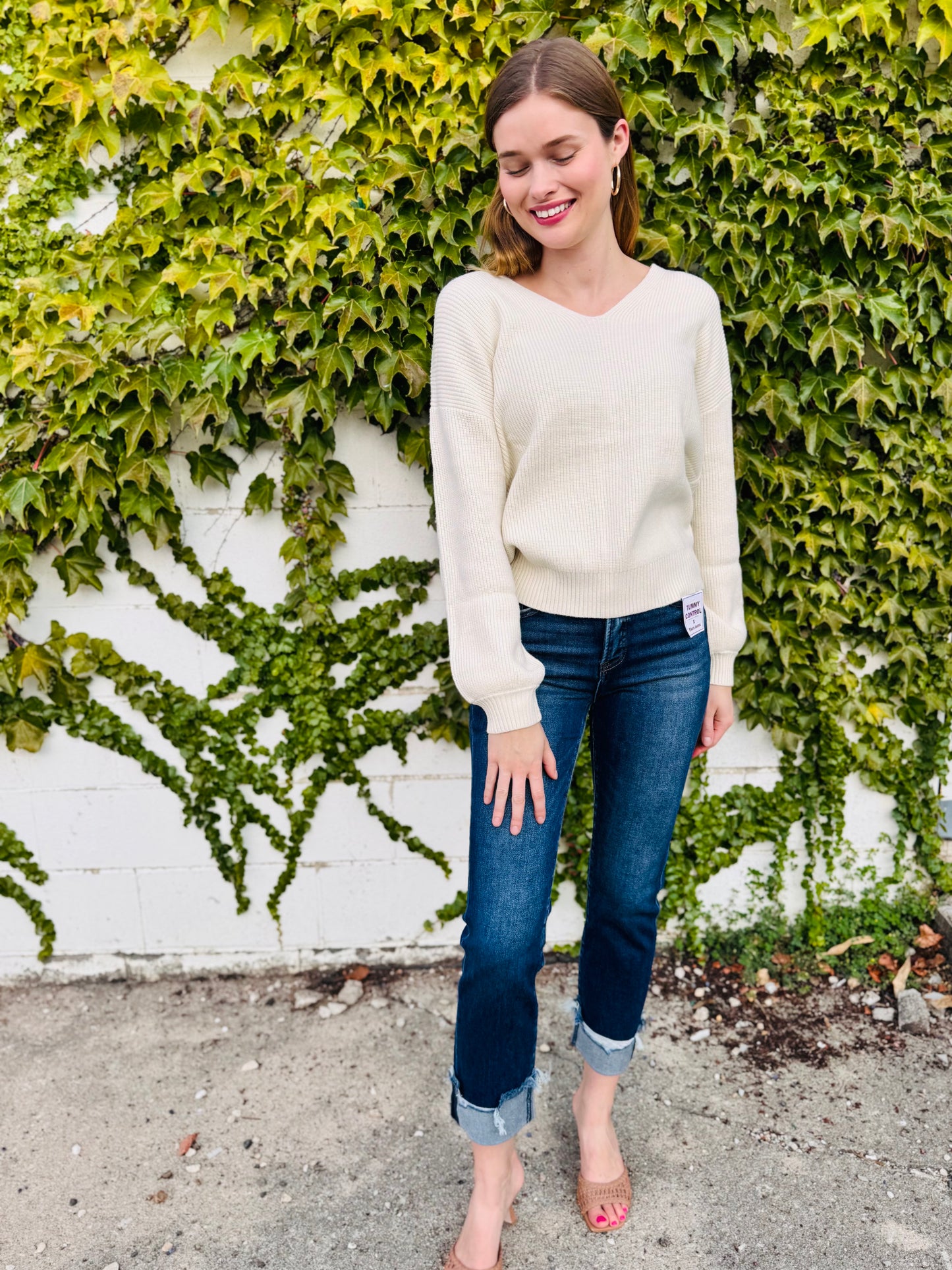 V Neck Drop Shoulder Back Bow Tie Detail Sweater