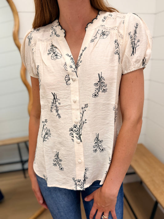 Floral Line Print Split Neck Button Down Linen Top