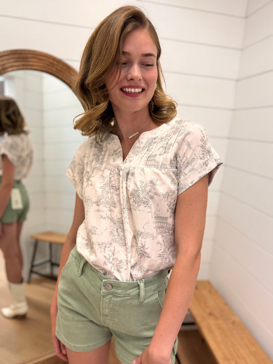 Vintage Print Mandarin Collar Top