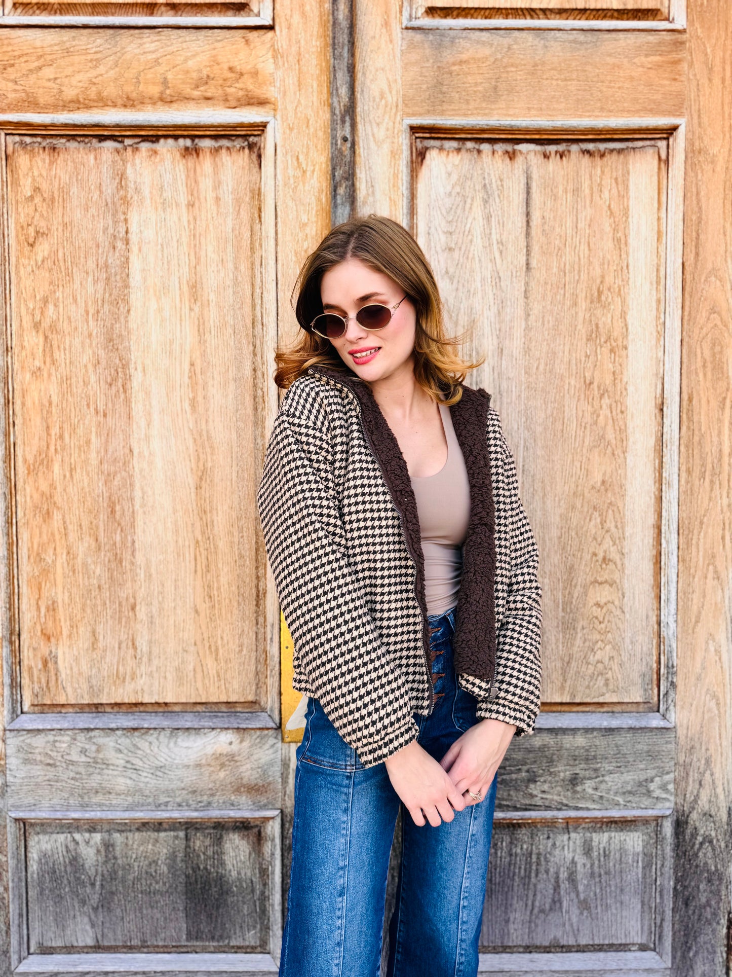 Houndstooth Sherpa Zip Up Jacket