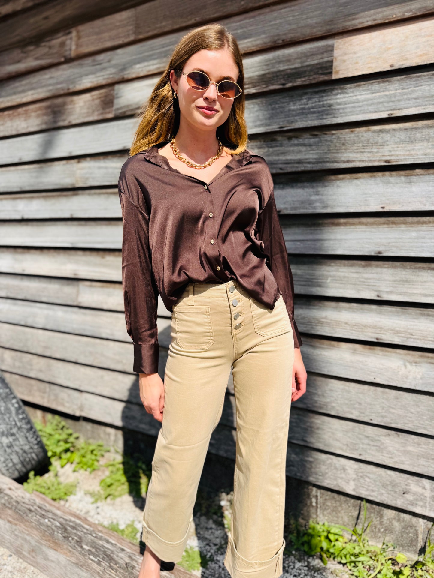 Long Sleeve Satin Top - Chocolate Brown