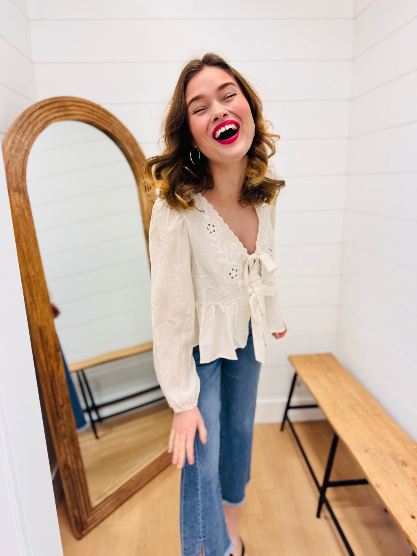 Floral Eyelet Embroidery Front Tie Long Sleeve Top