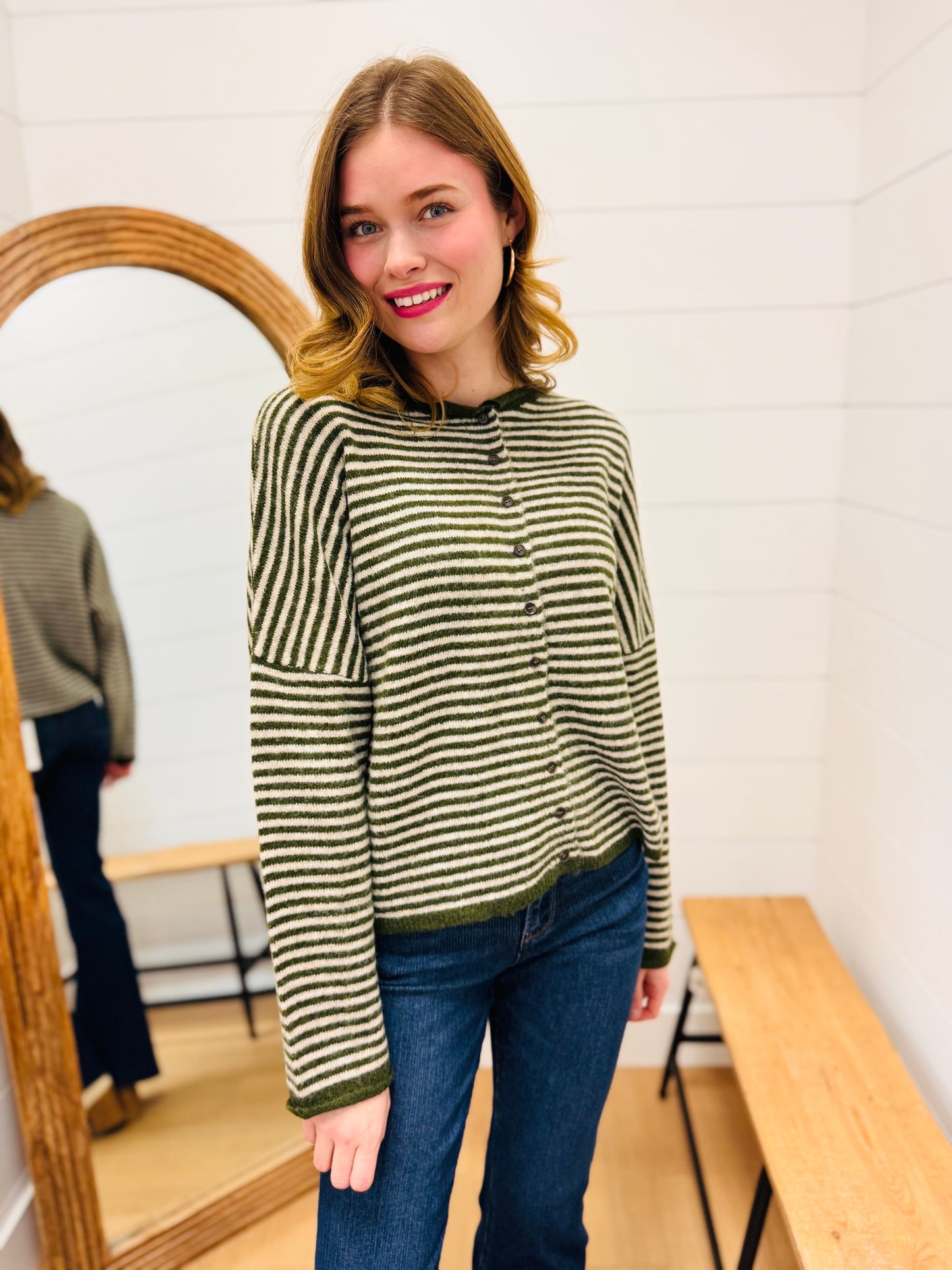 Stripe Raw Edge Drop Shoulder Knit Cardigan