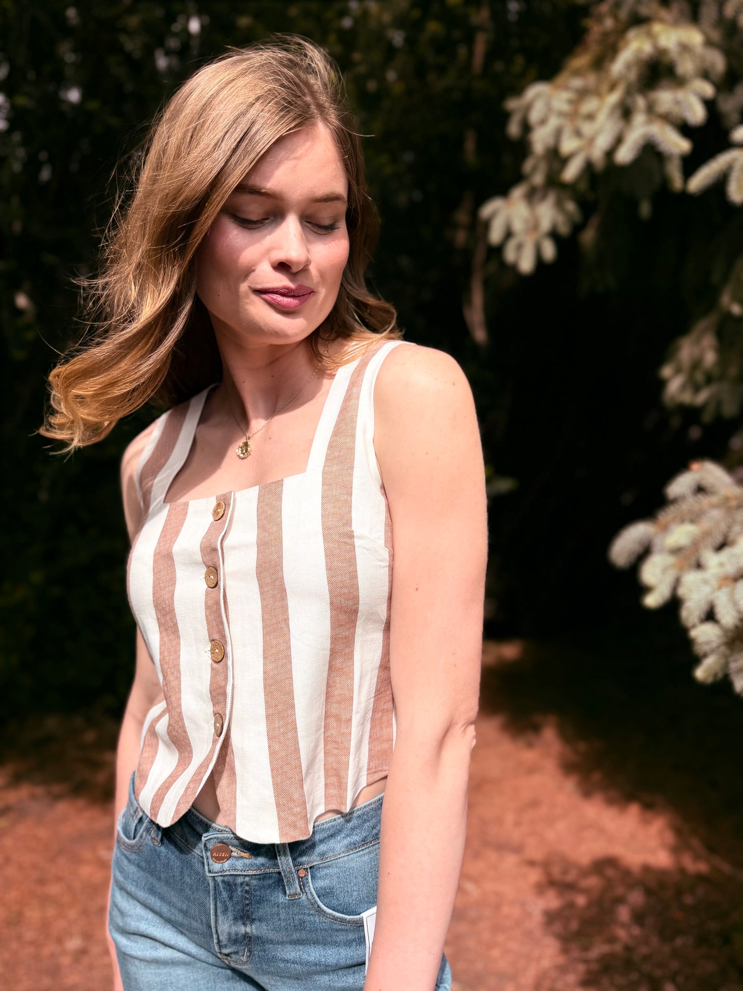 Stripe Button Down Sleeveless Linen Top