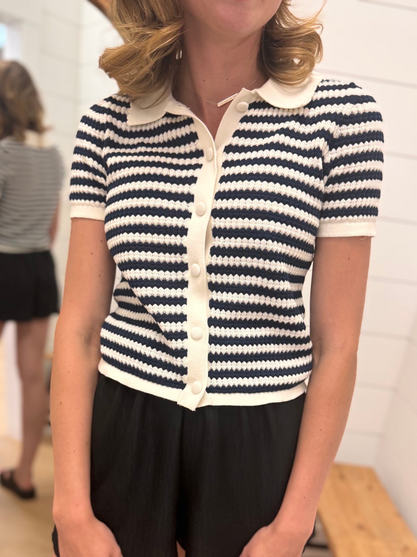 Stripe Short Sleeve Cropped Knit Cardigan