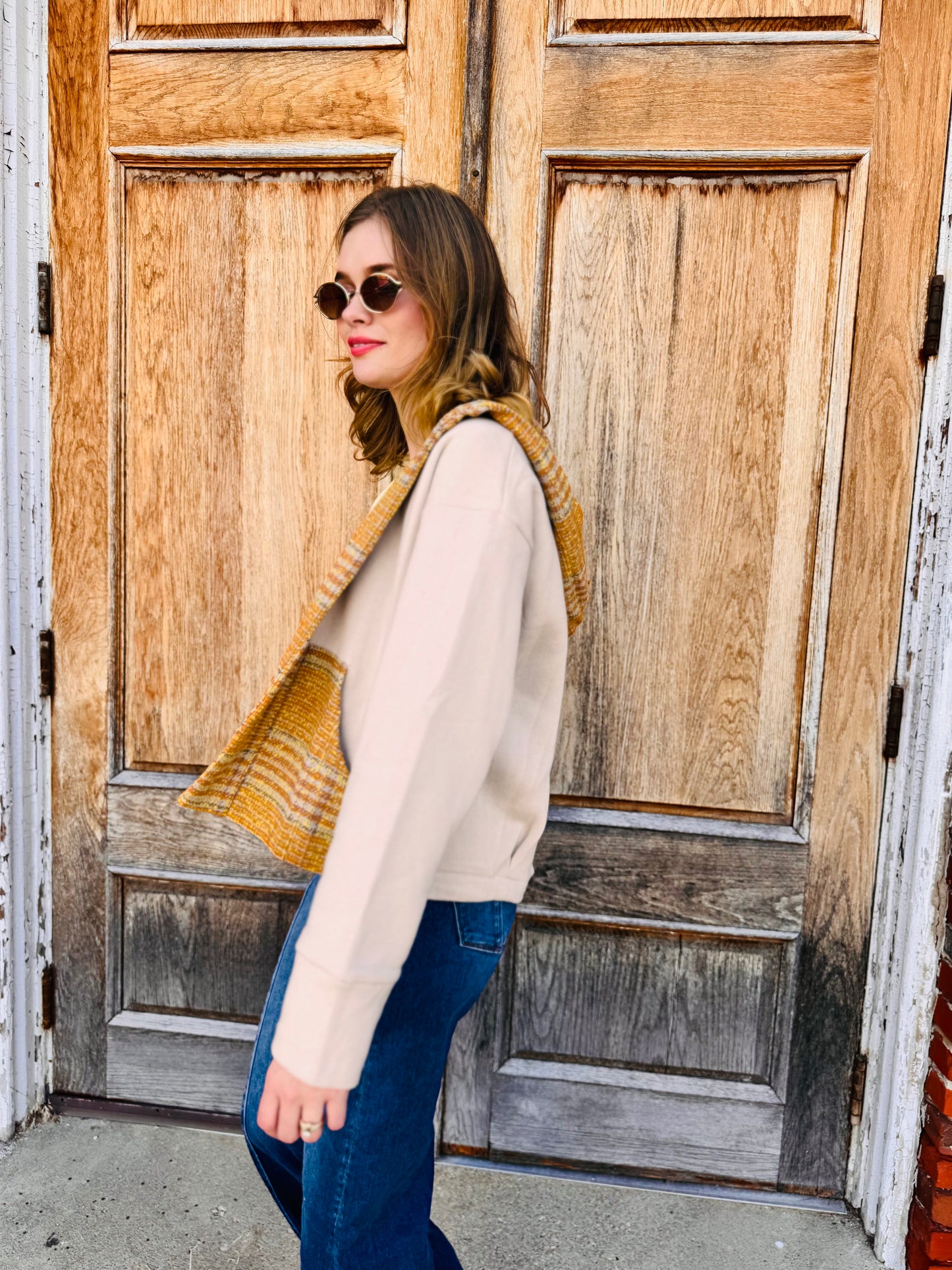 Open Front Pockets Plaid Hooded Cardigan