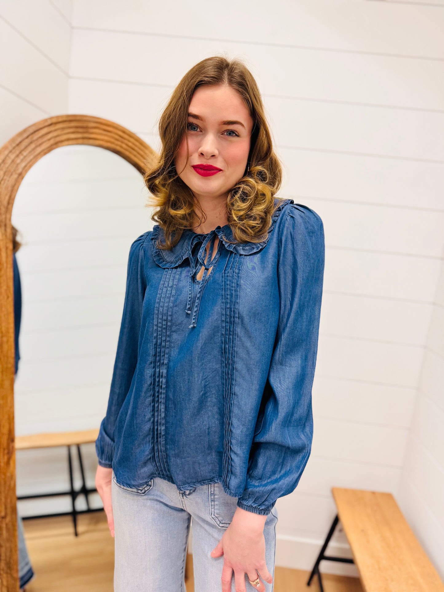 Denim Collared Pintuck Detail Long Sleeve Top