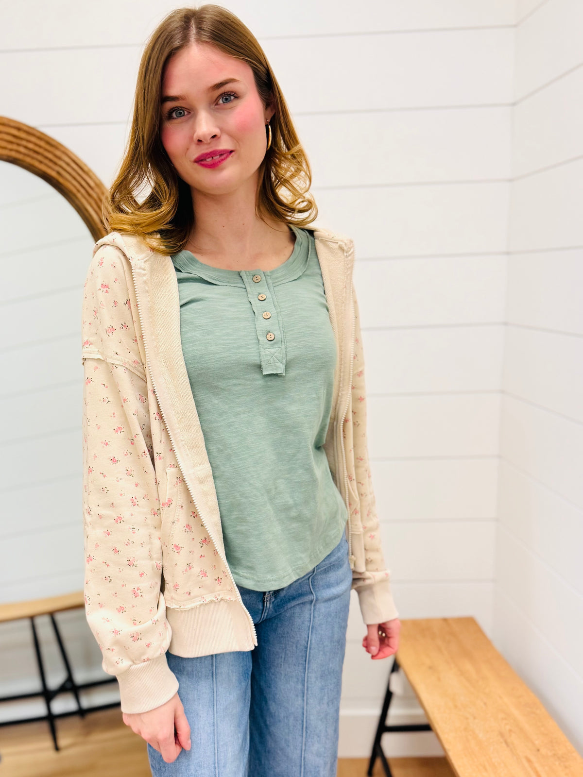 Zip Front Floral Hoodie