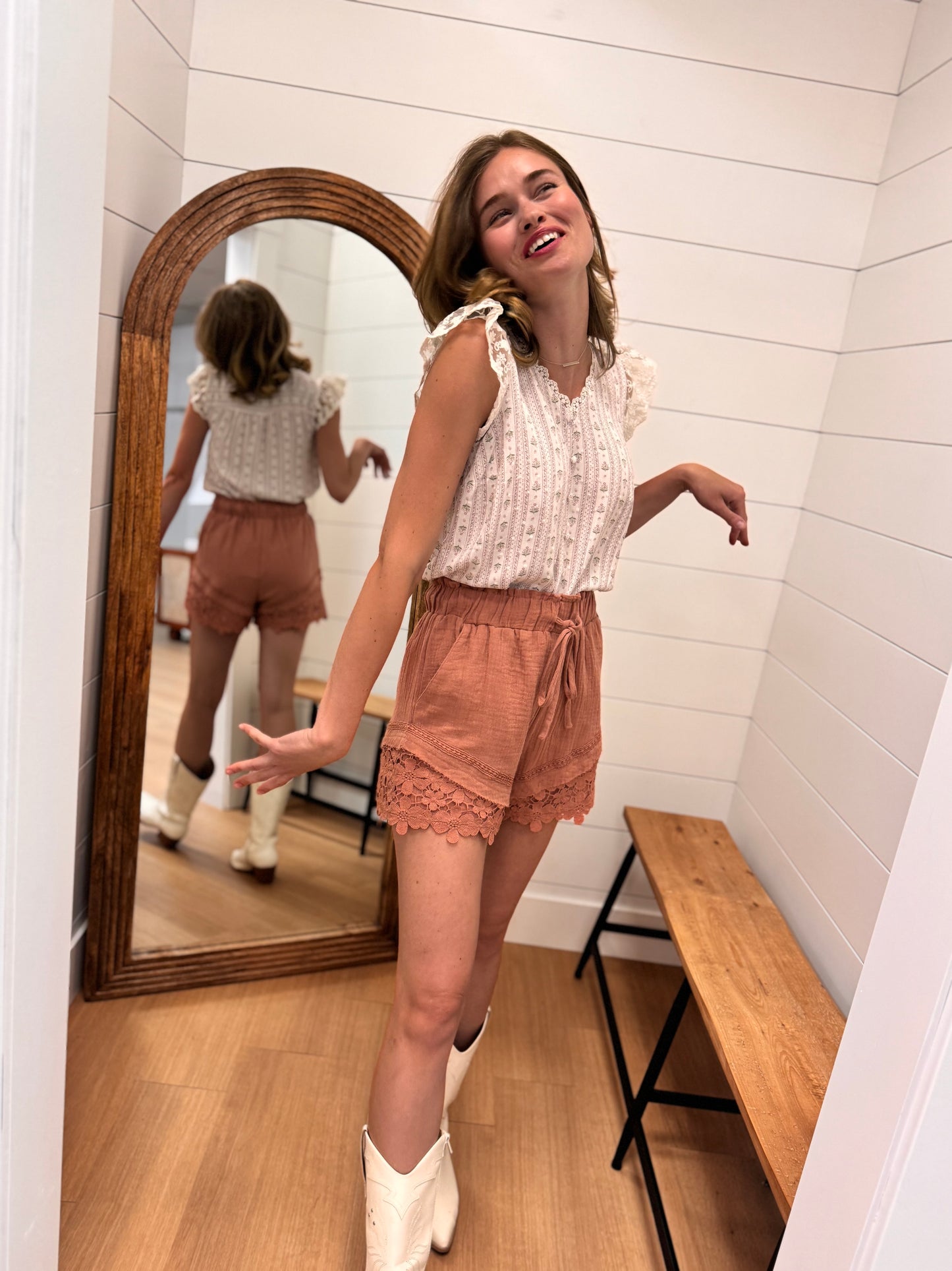 Elastic Waist Shorts with Lace Details