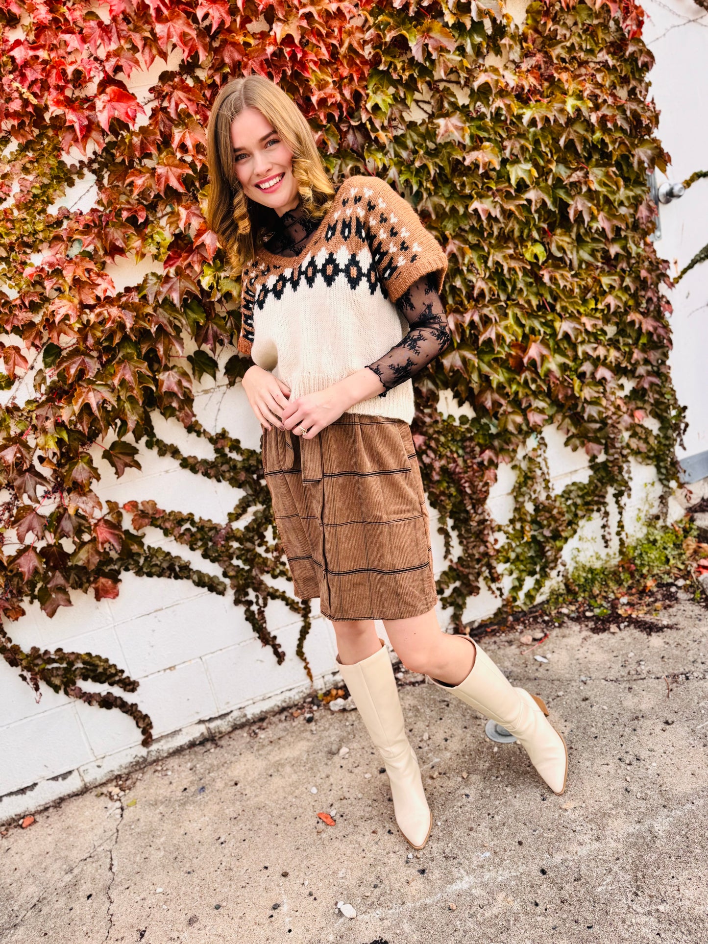 Fair Isle V Neck Short Sleeve Knit Sweater