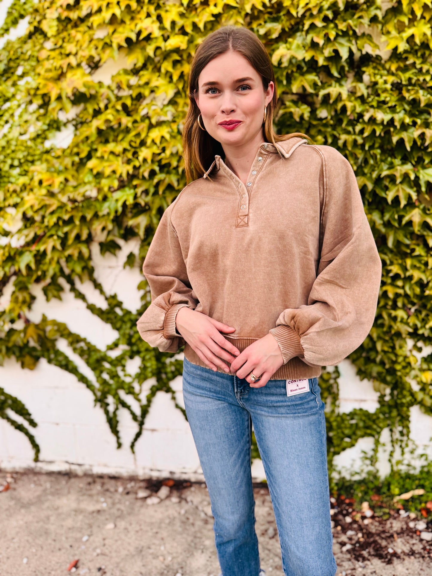 Acid Wash Fleece Button Up Collared Pullover