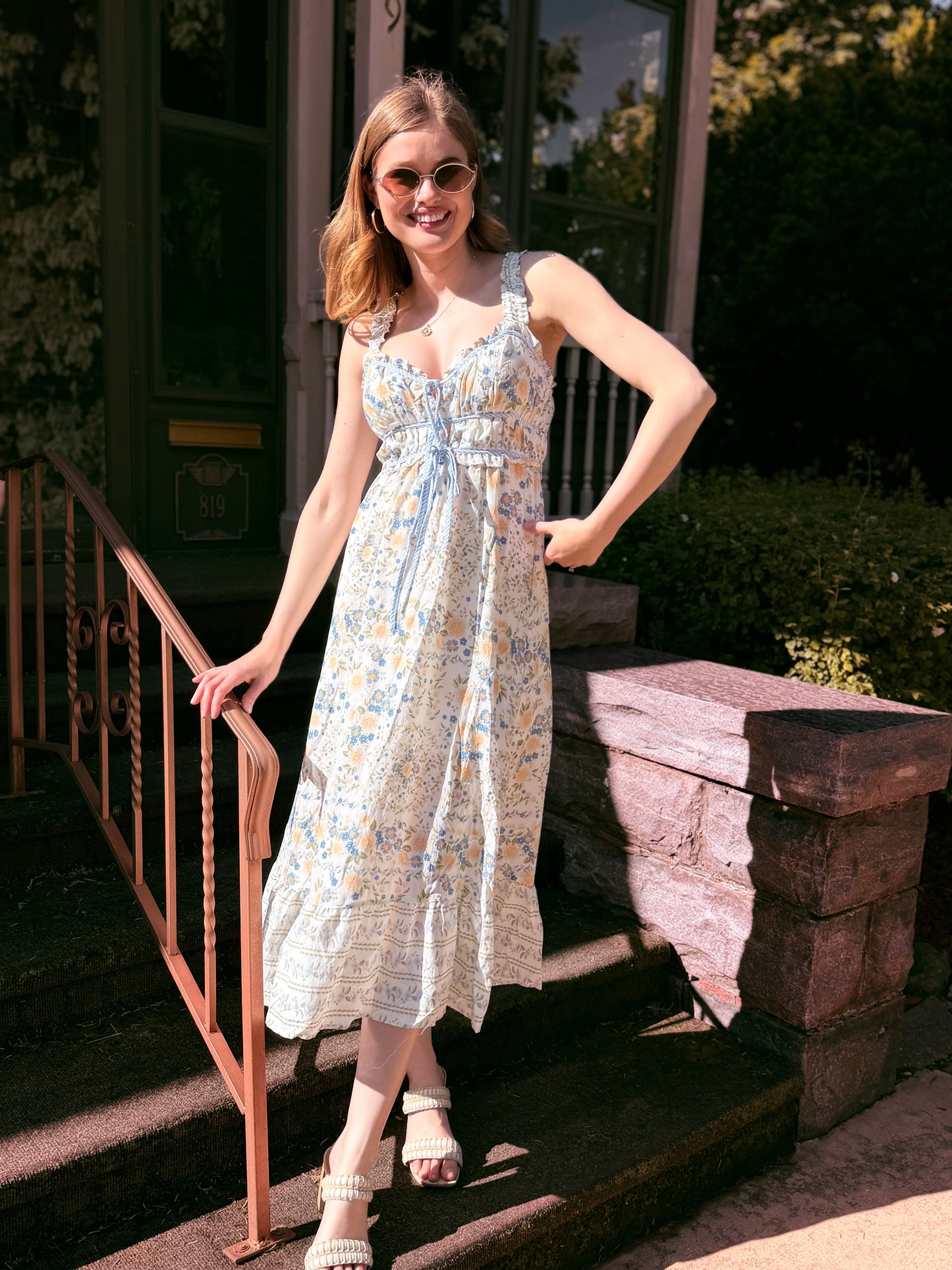 Border Floral Sleeveless Front Tie Midi Dress