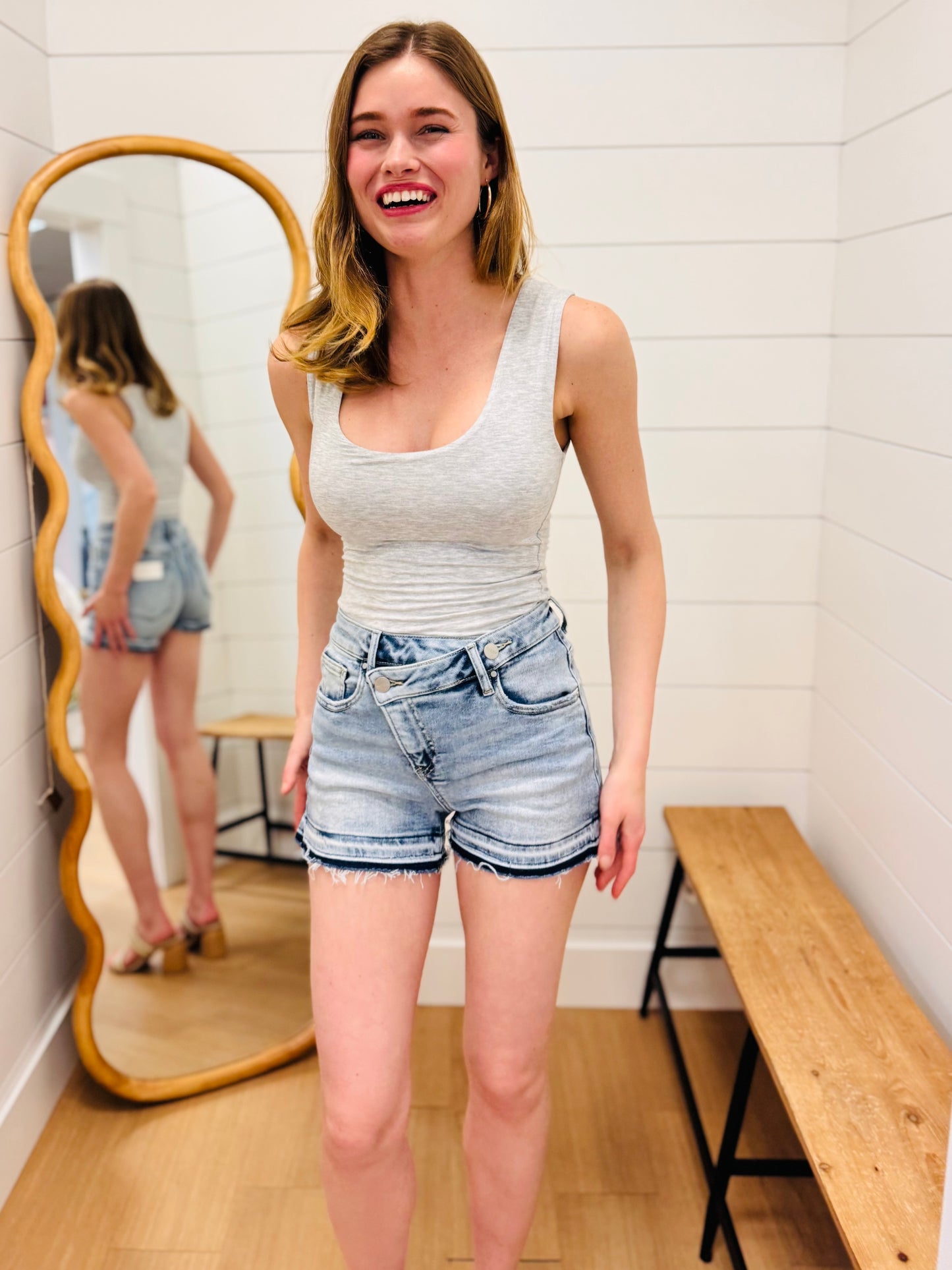 Crossover Waist Light Denim Shorts - RISEN