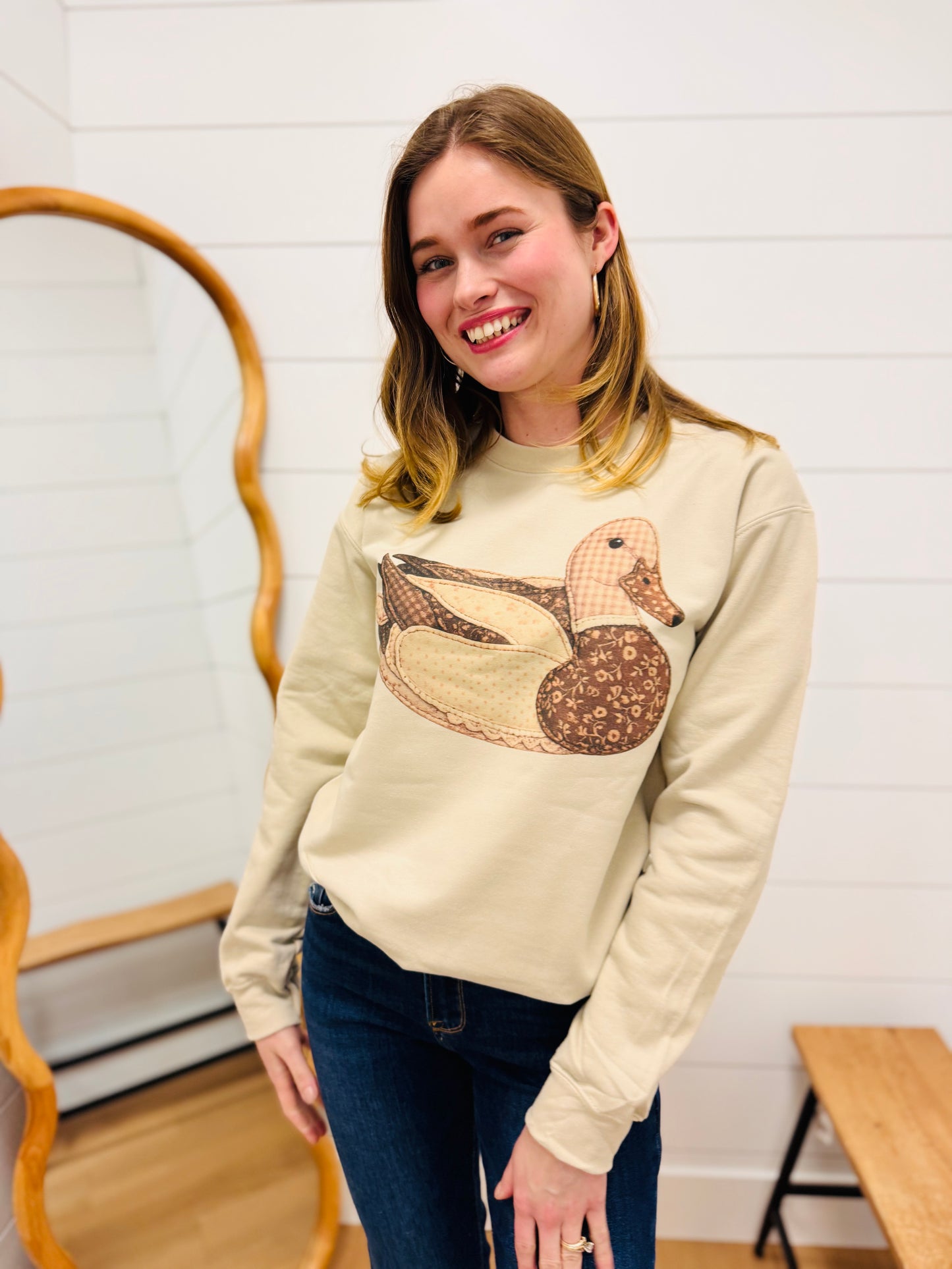 Mimis Vintage Faux Patchwork Brown Duck Cream Sweatshirts