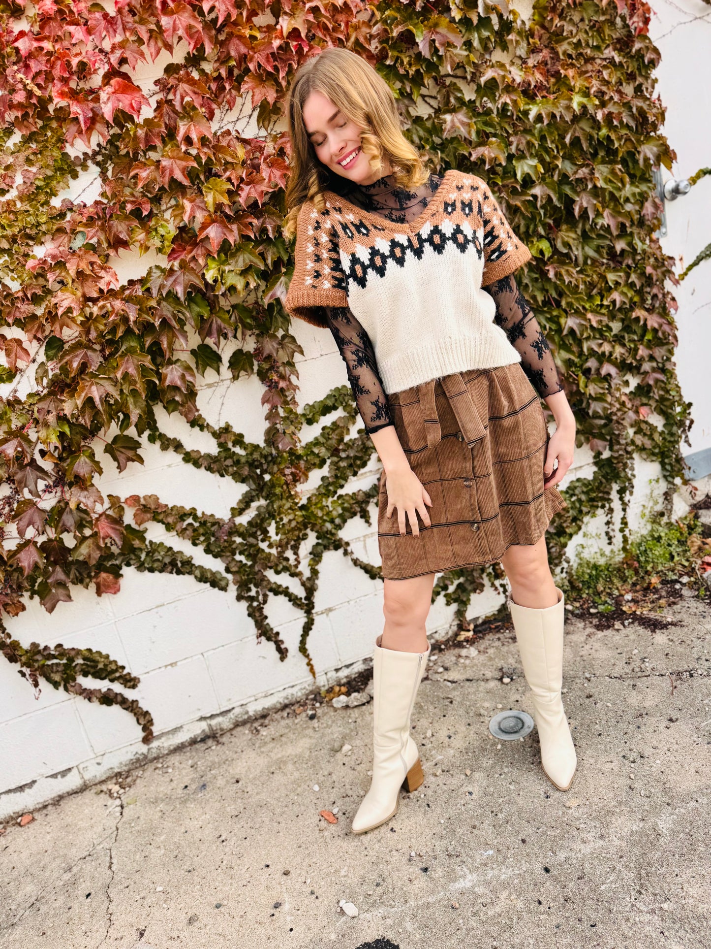 Fair Isle V Neck Short Sleeve Knit Sweater