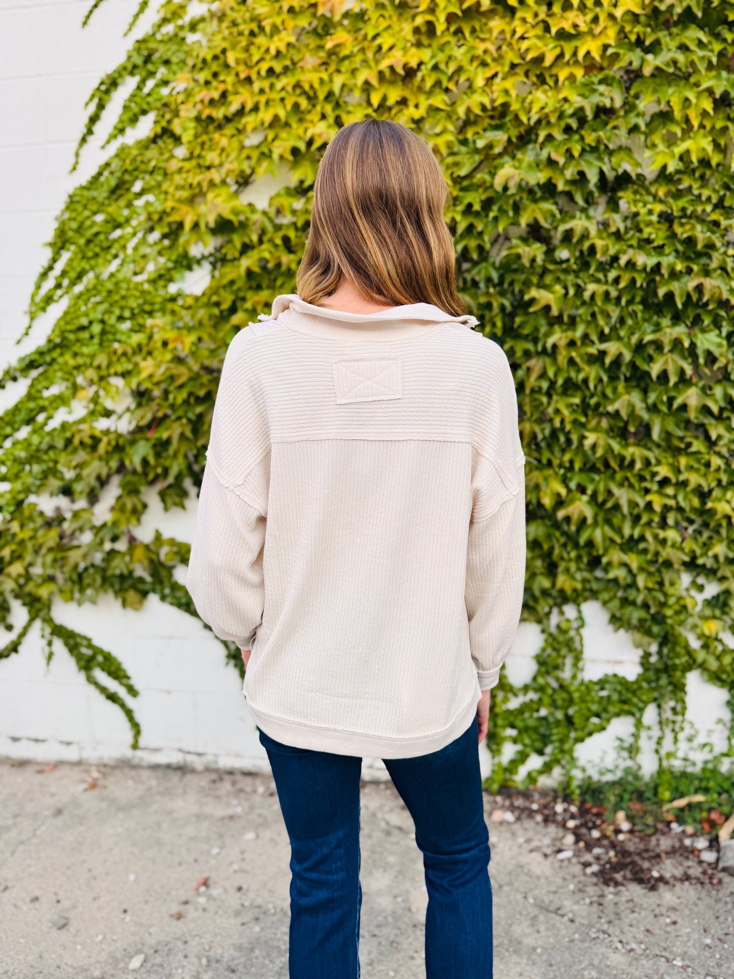 Half Zip Collared Long Sleeve Waffle Knit Top