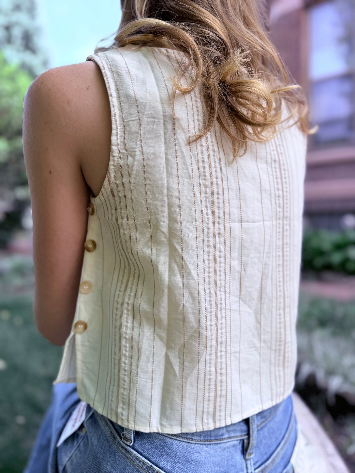 Stripe Sleeveless Side Button Detail Top