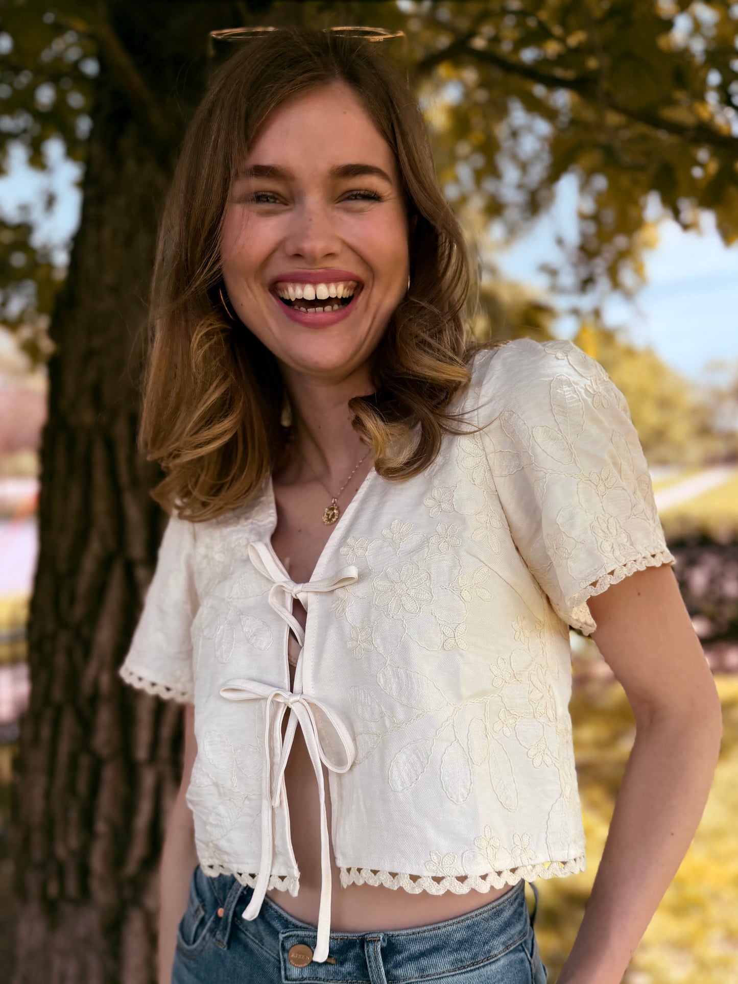 Embroidered Pattern Front Tie Wavy Trim Top