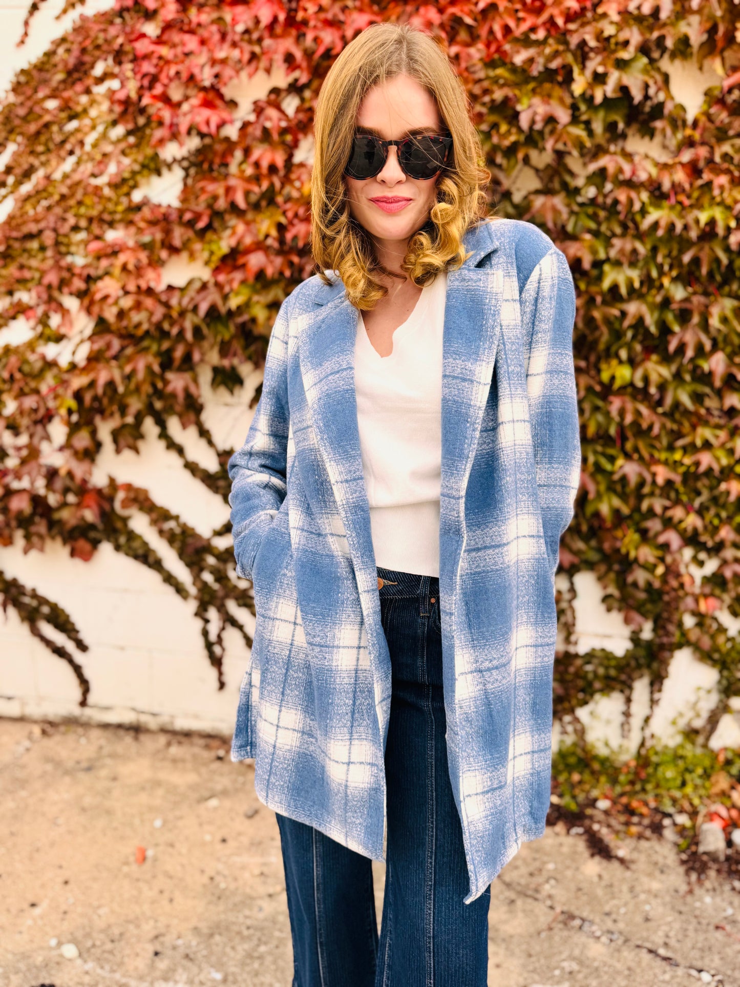 Blue Check Brush Oversized Coat