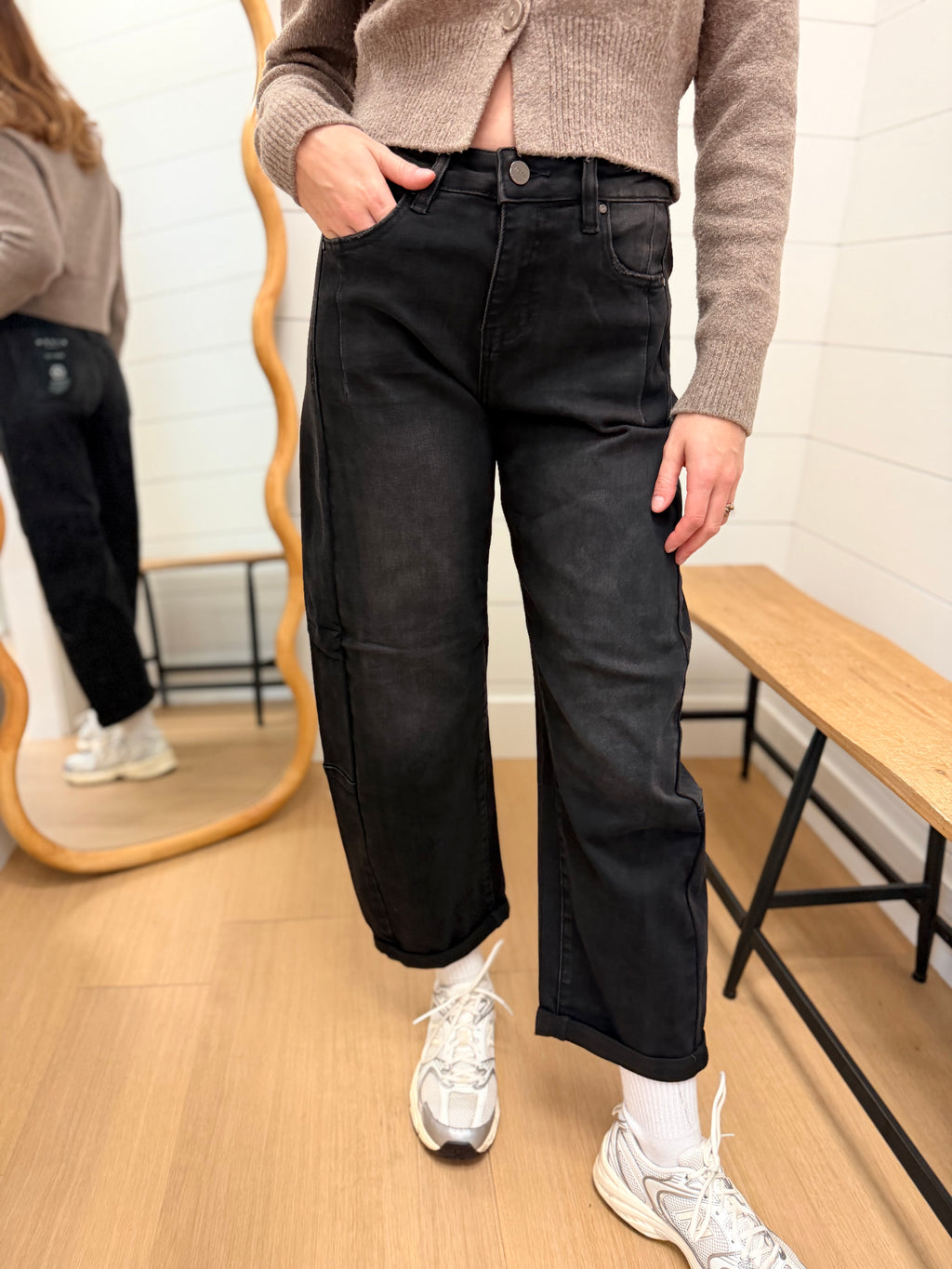 High Rise Black Barrel Cuffed Hem Jeans - Risen