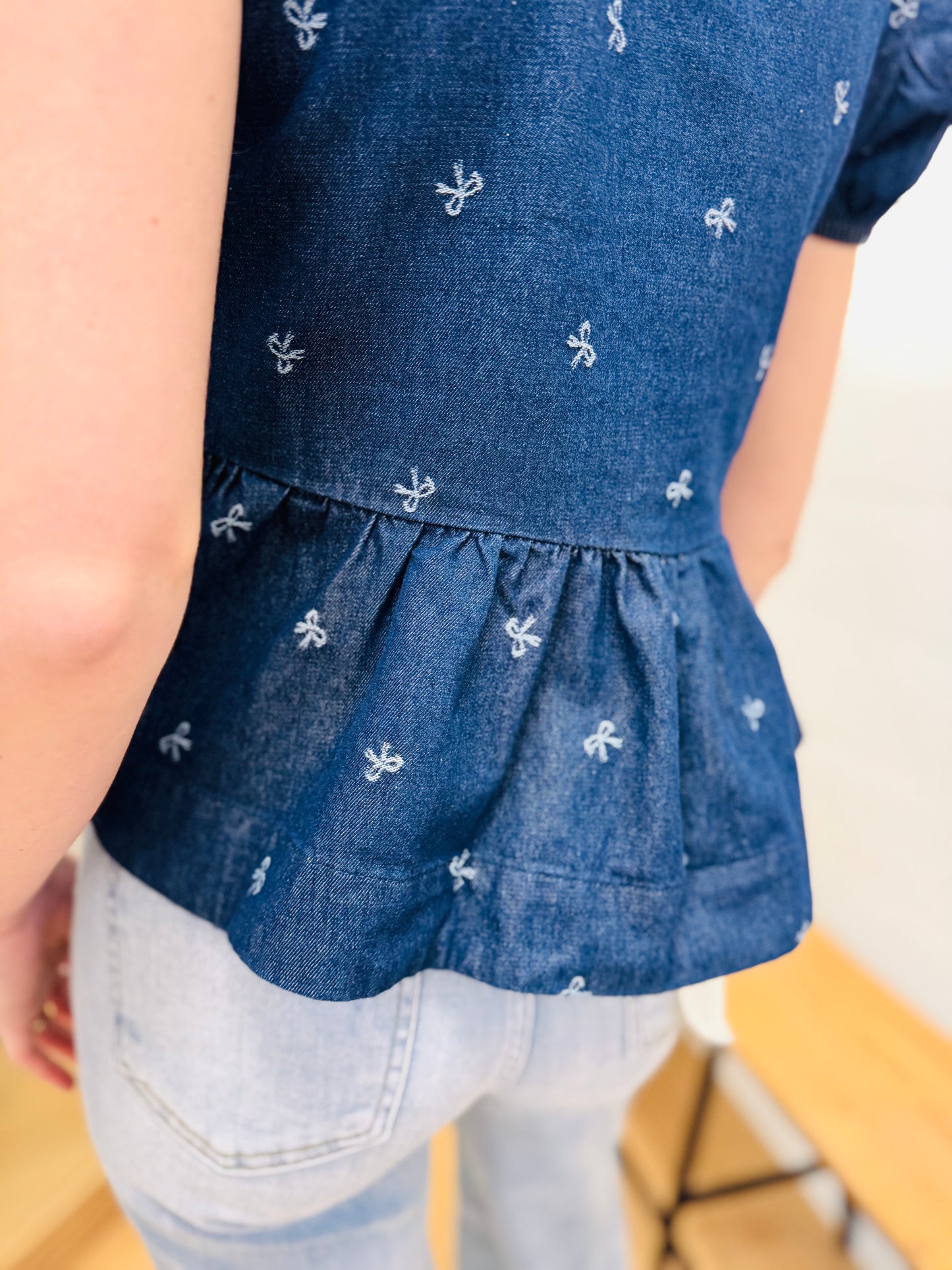 Denim Bow Print Puff + Ties Ruffle Hem Top