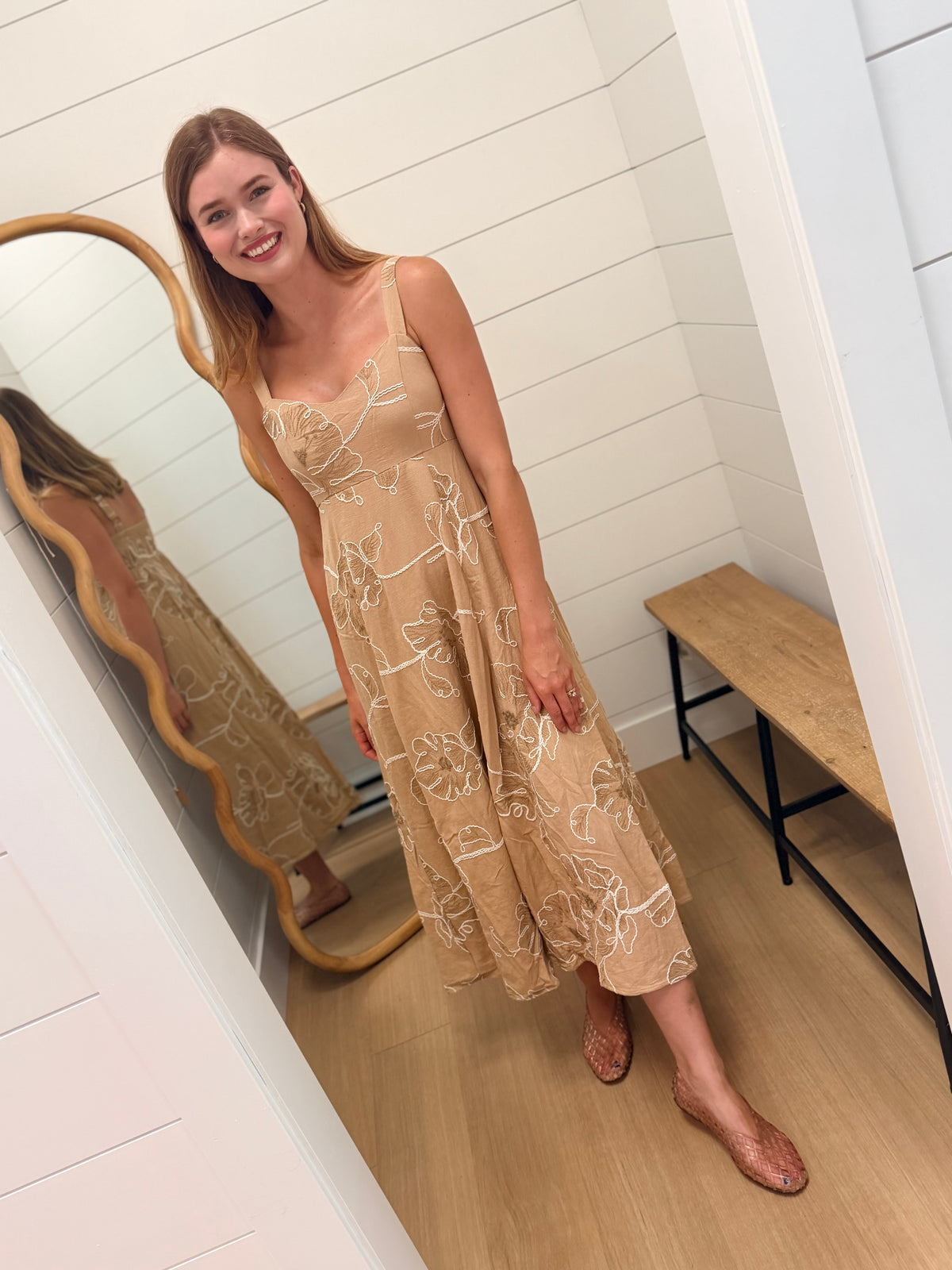 Floral Embroidered Spaghetti Strap Midi Dress