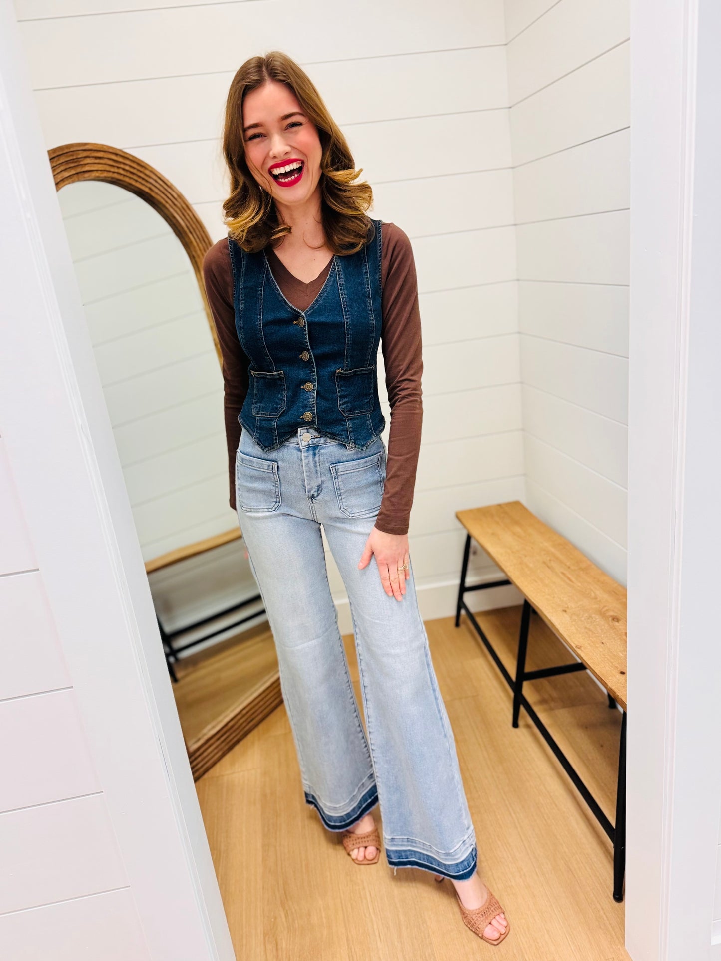 V Neck Sleeveless Button Down Denim Vest
