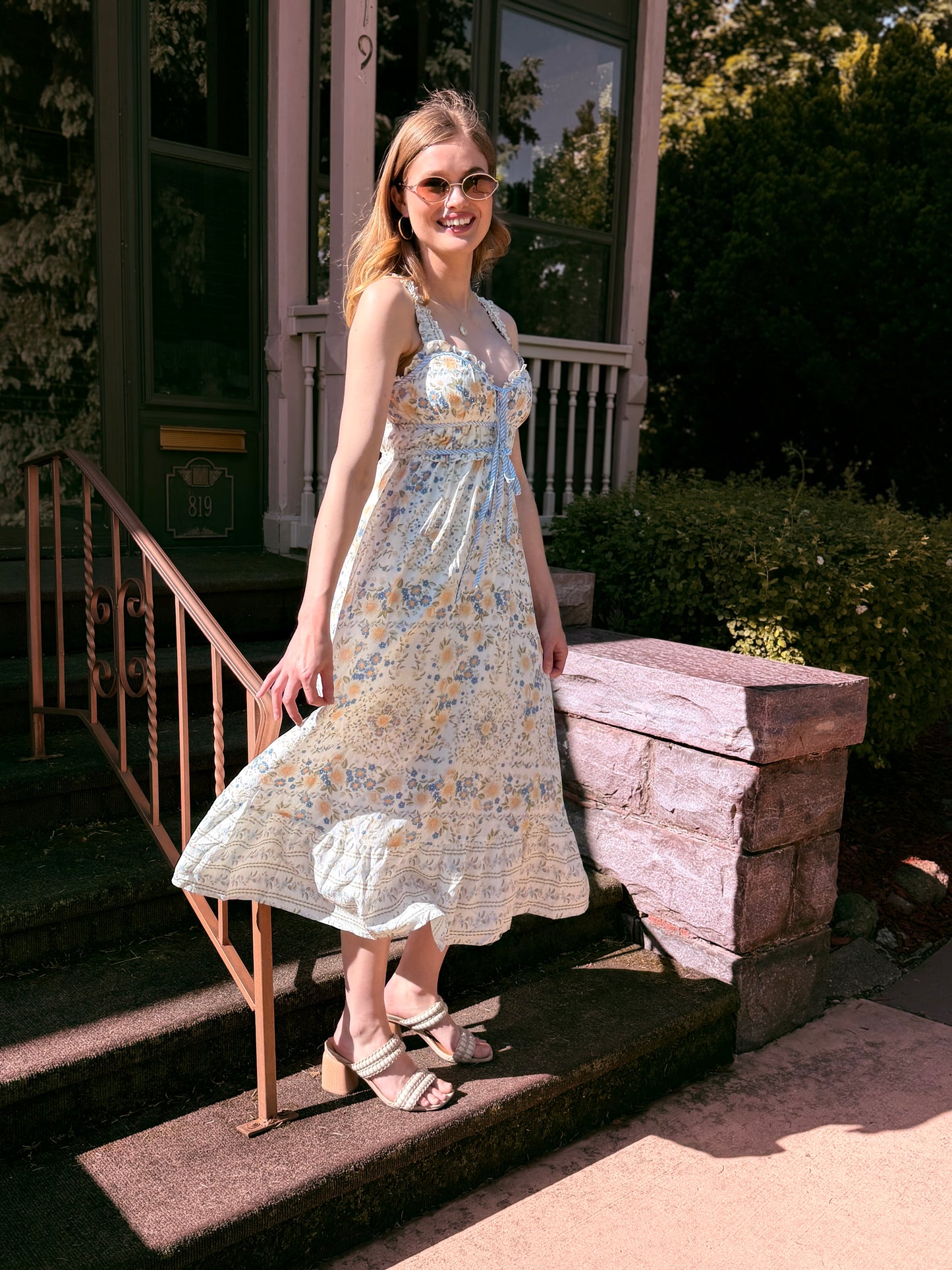 Border Floral Sleeveless Front Tie Midi Dress