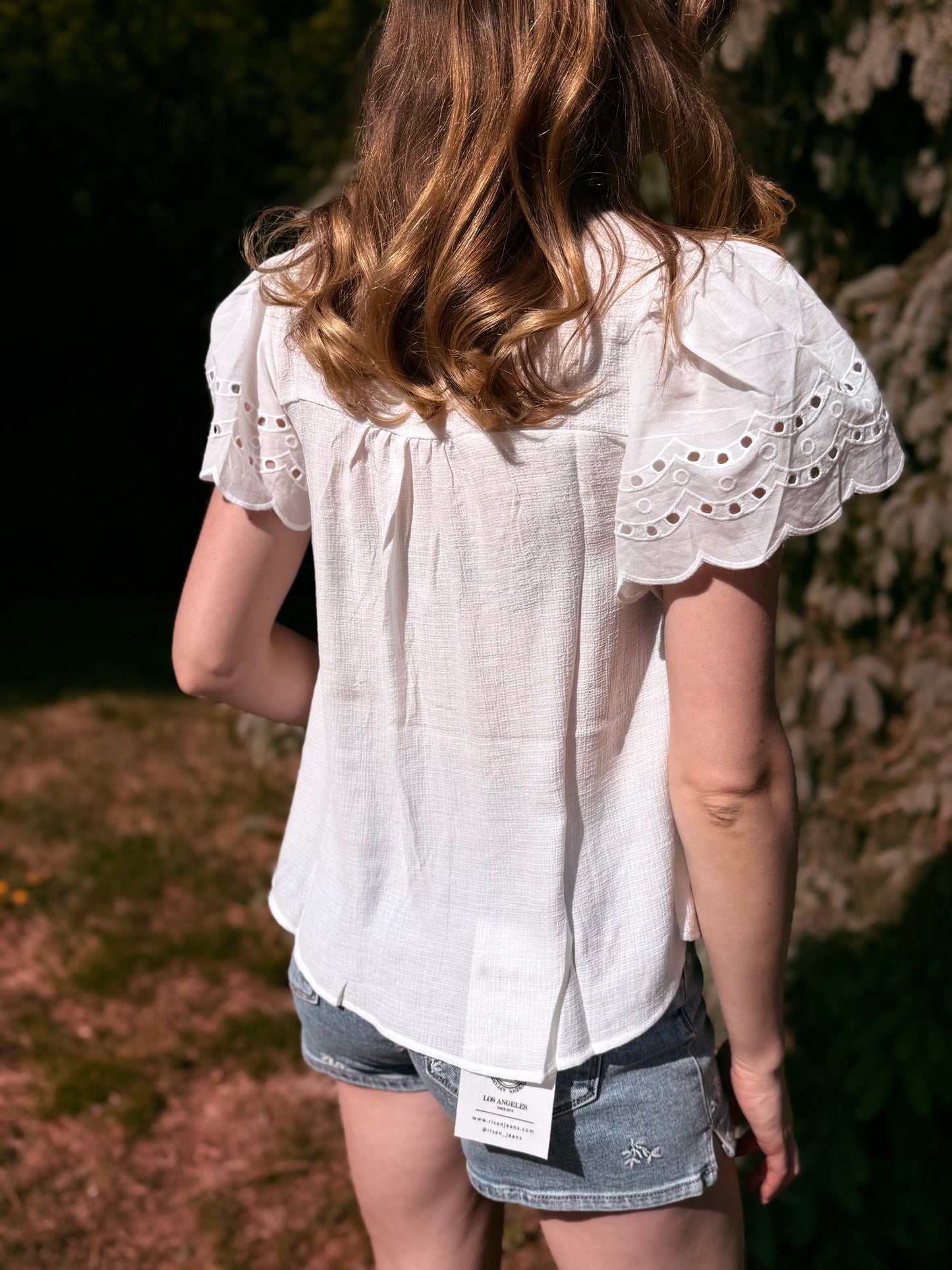Eyelet Detail Button Down Scallop Sleeve Top