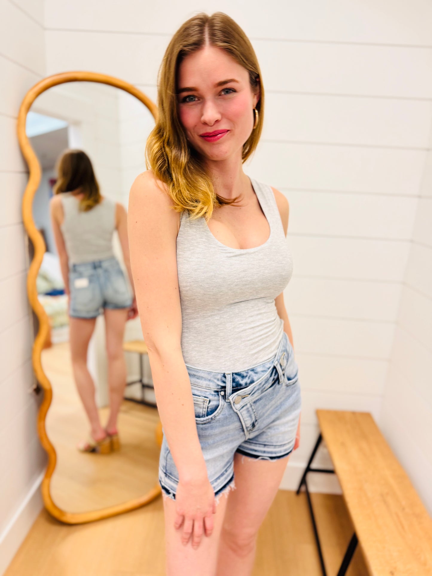 Crossover Waist Light Denim Shorts - RISEN
