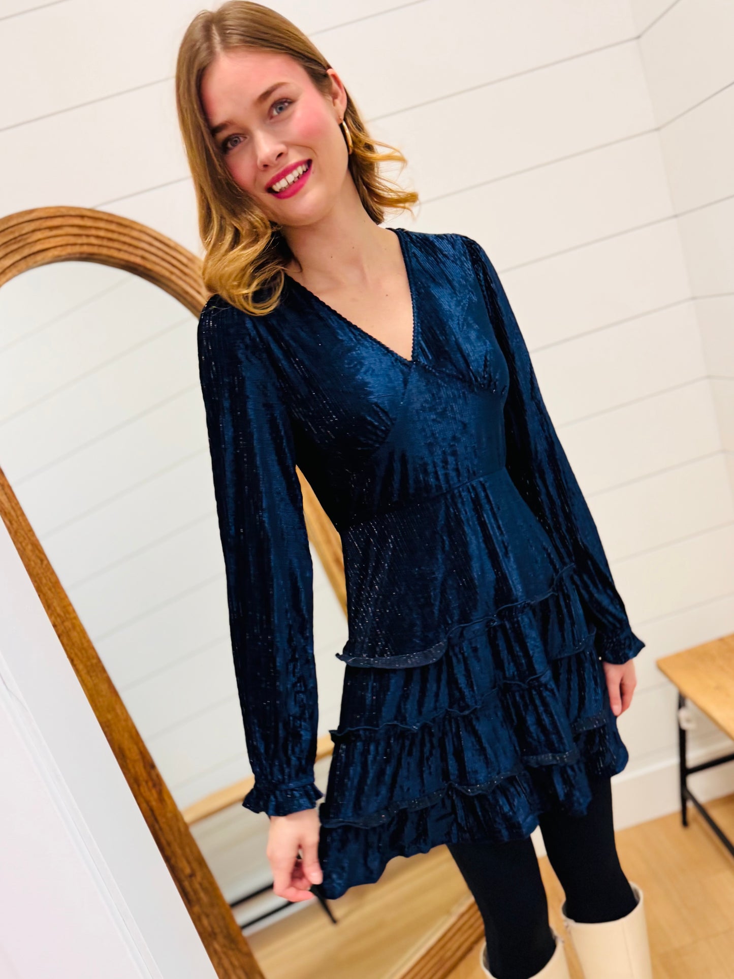 Deep V-neck Textured Velvet Dress