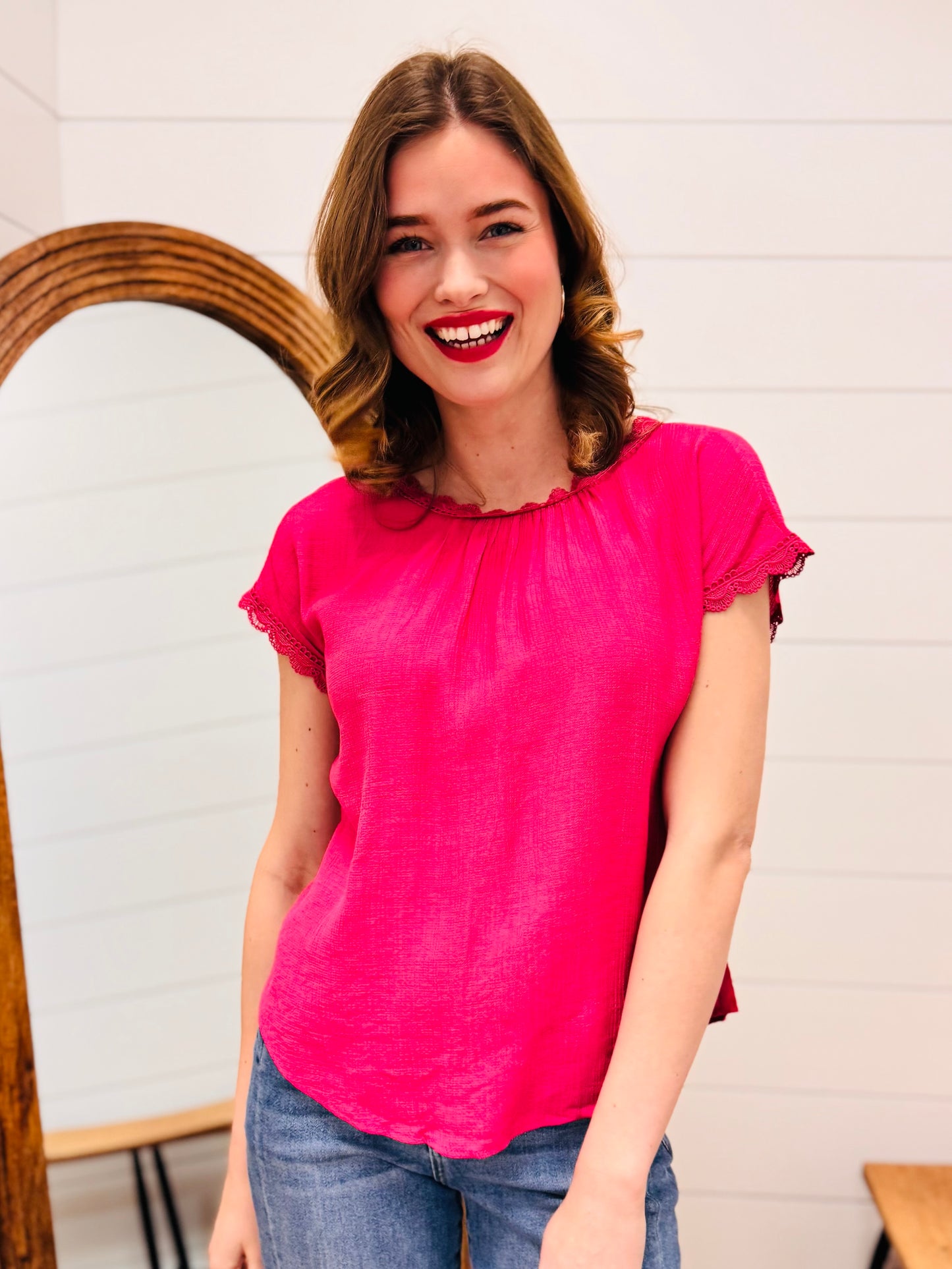 Lace Trim Back Bow Detail Short Sleeve Blouse