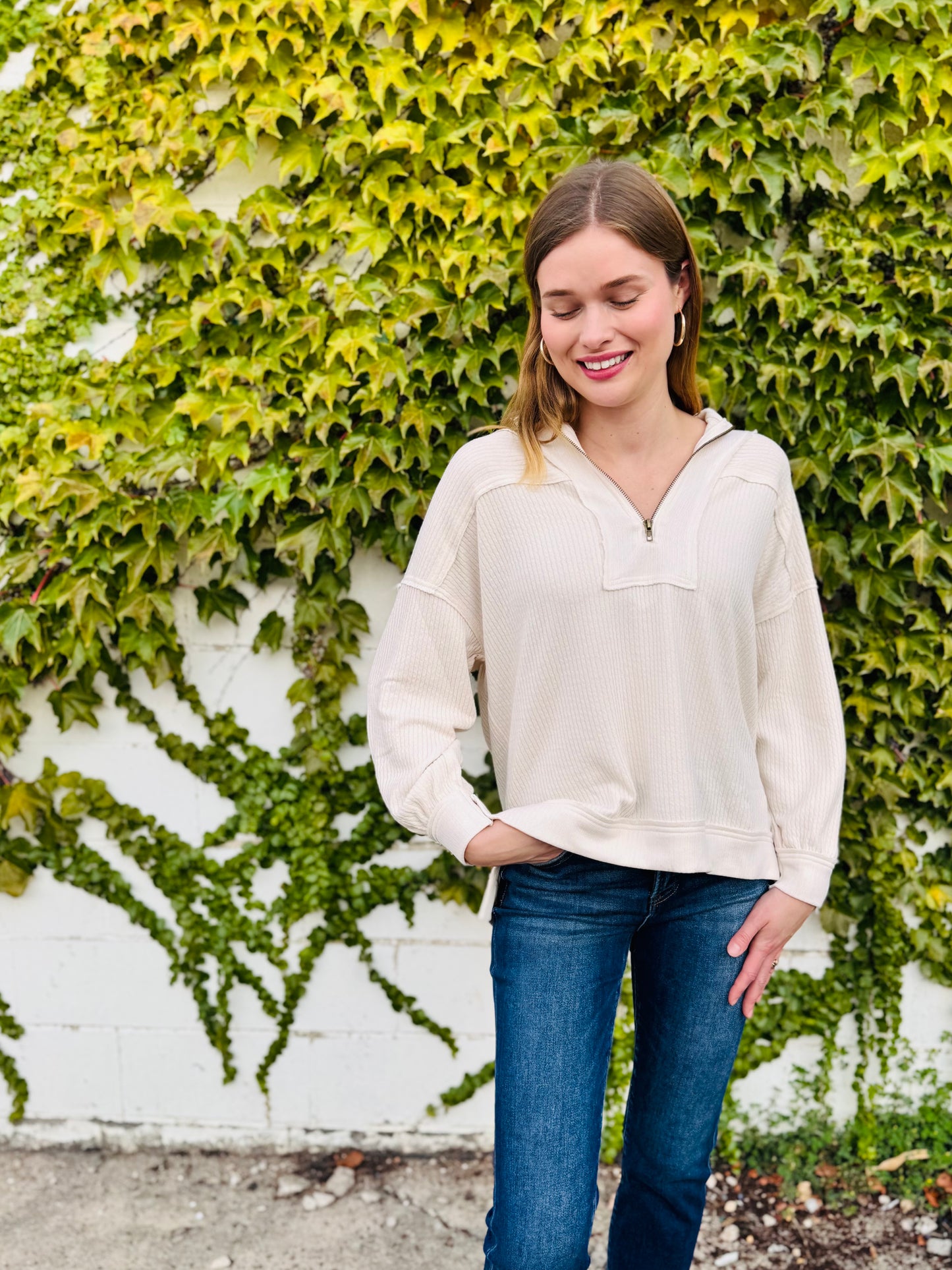 Half Zip Collared Long Sleeve Waffle Knit Top