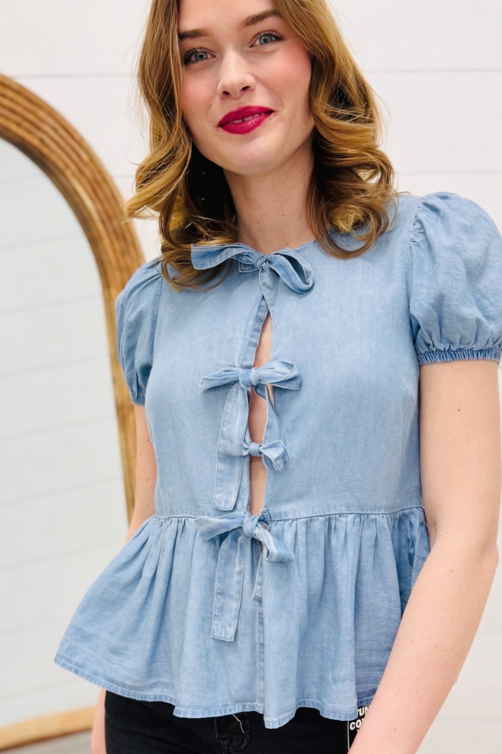 Front Tie Ruffle Hem Puff Sleeve Blouse